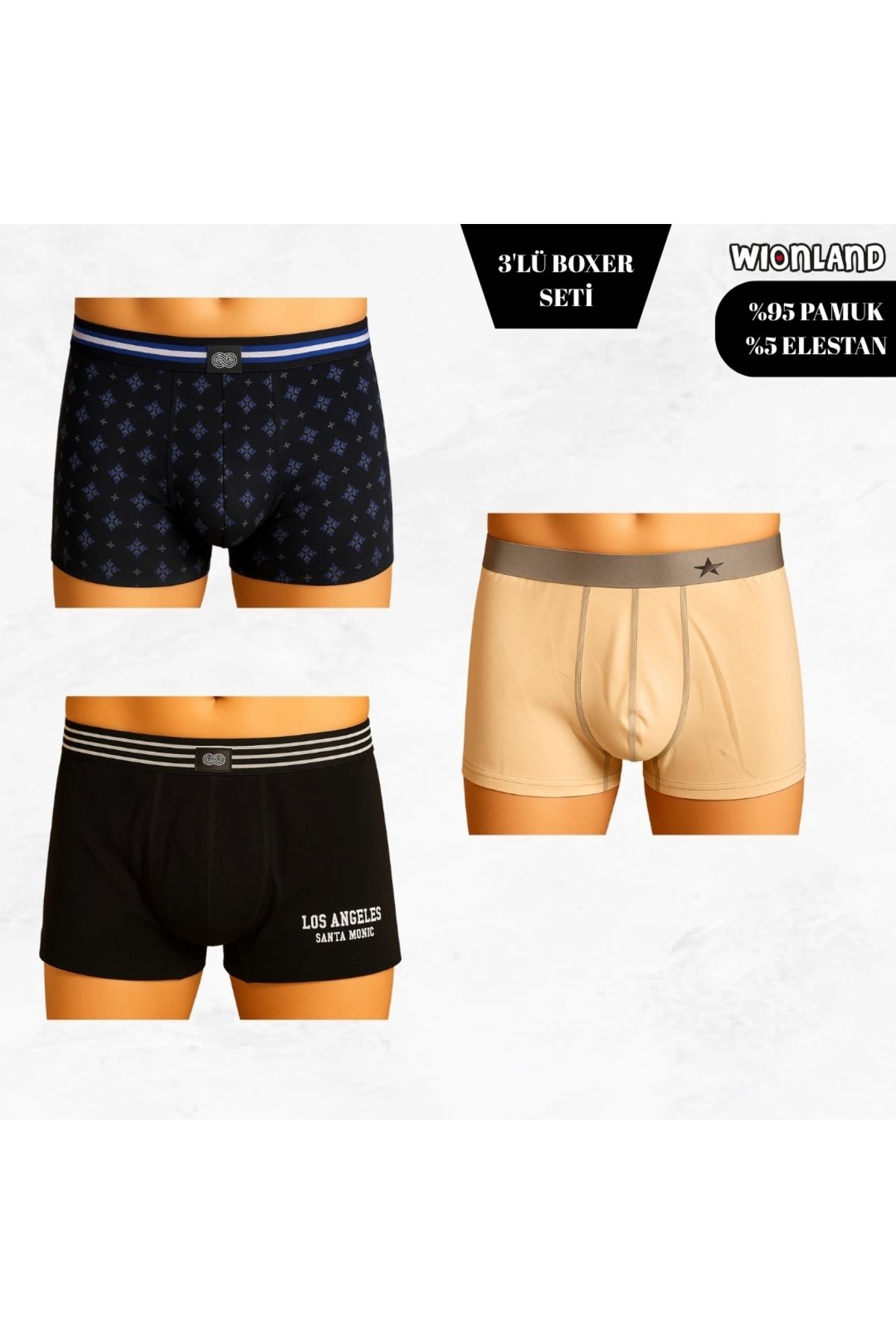 Wionland Erkek 3'lü Boxer Seti – S Beden (Lacivert Mavi Gri Desenli / Siyah / Krem)