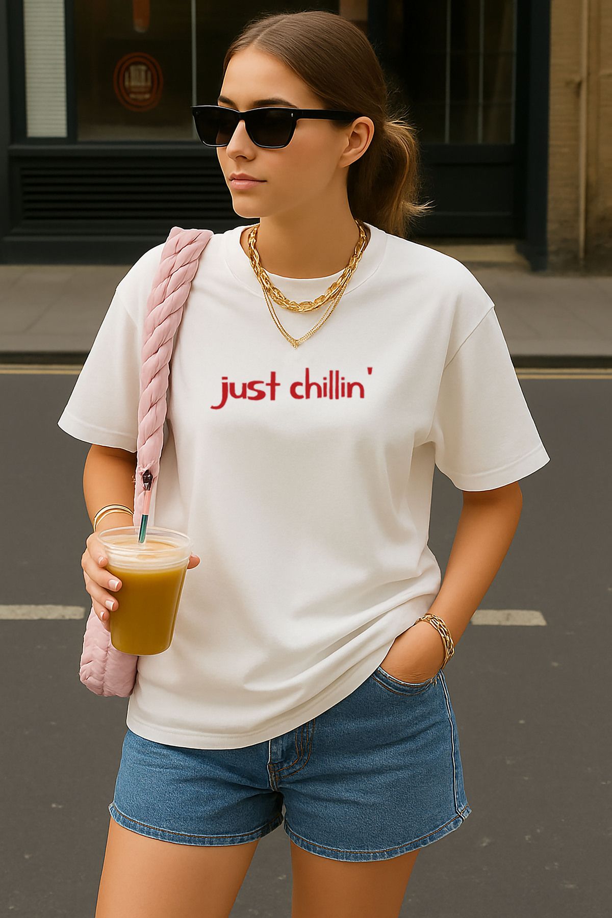 sielta Just Chillin Baskılı Oversize Kadın Pamuklu Beyaz Tişört T-shirt