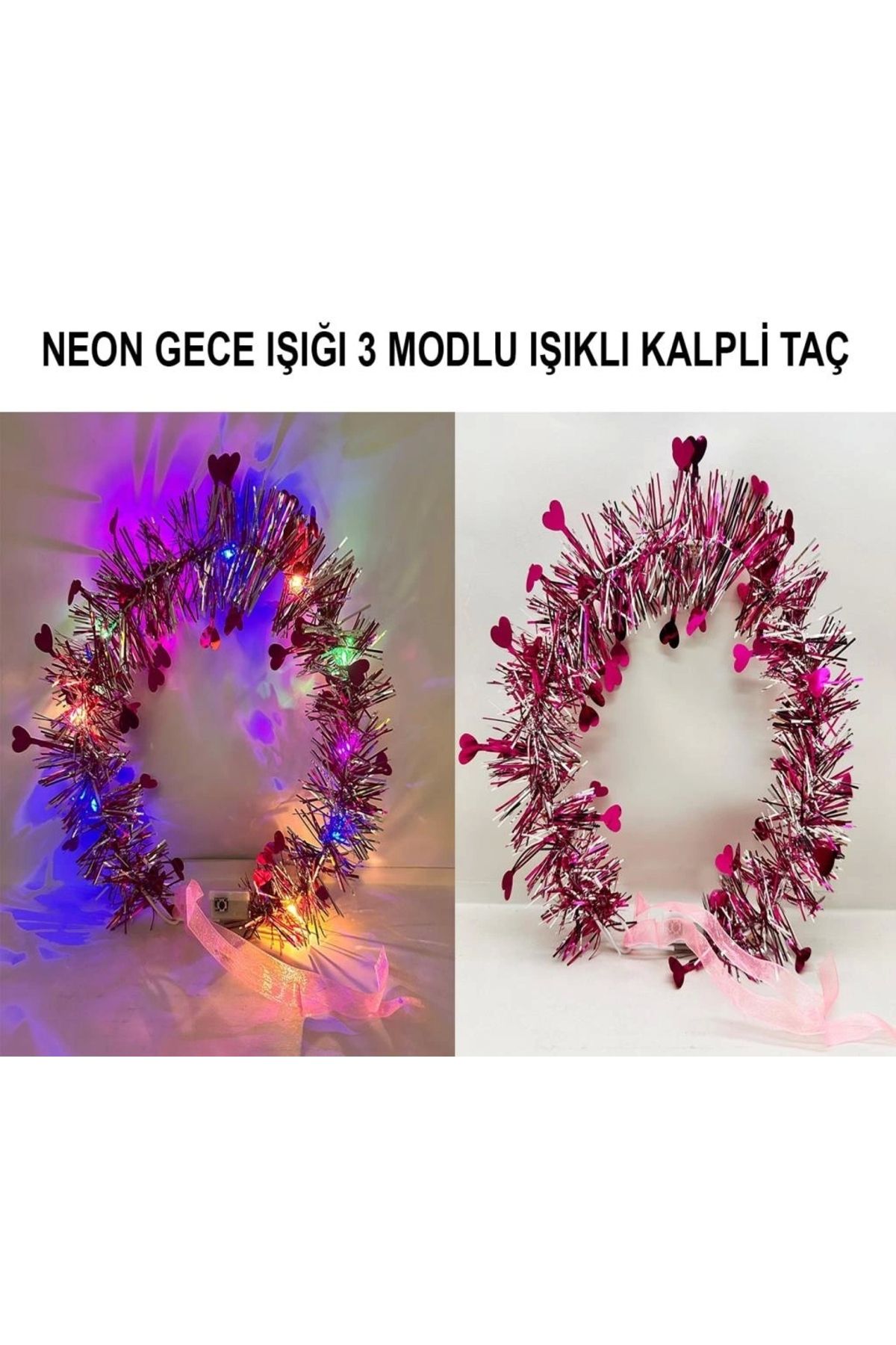 OurStyles Kalp Püsküllü Gece Parıltısı 3 Modlu LED'li Işıklı Taç Fuşya Renk