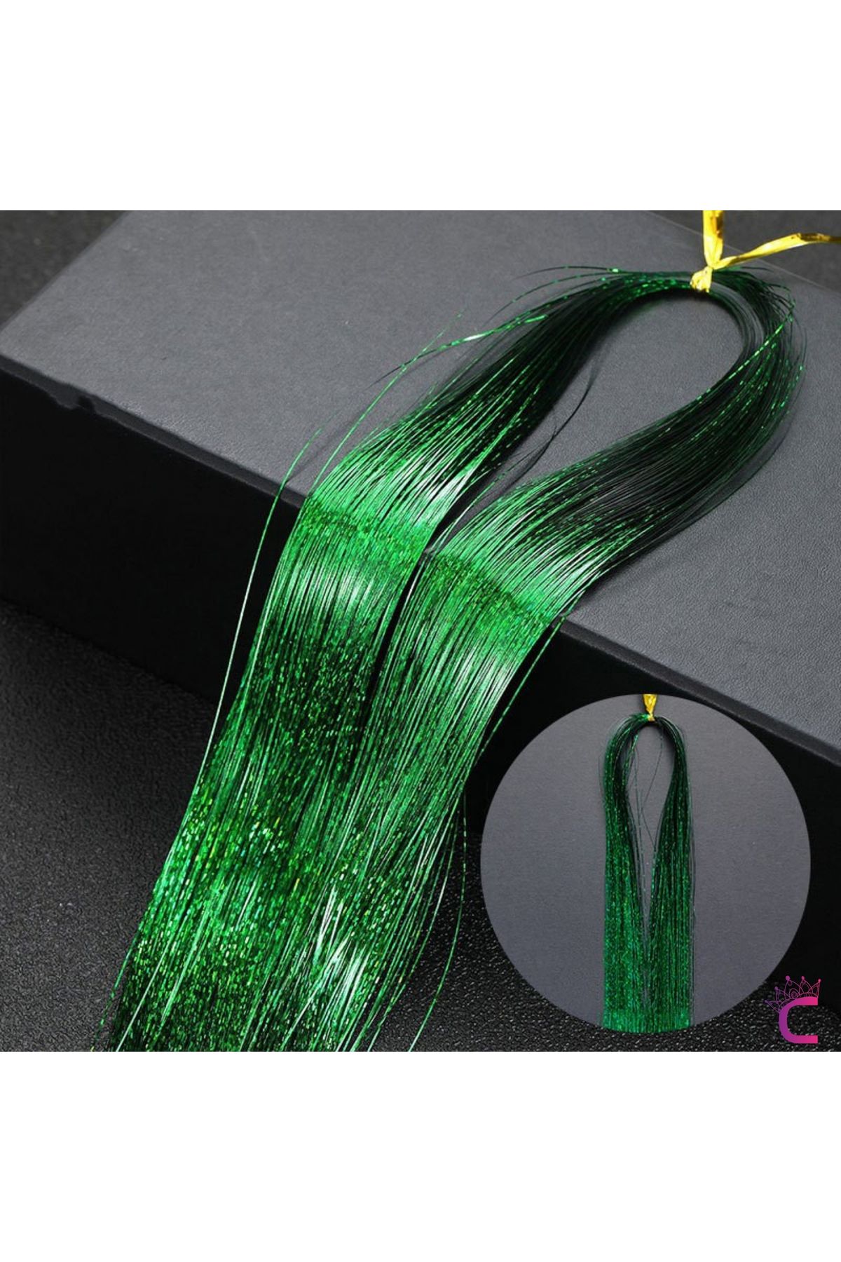 Cinderella Yeşil Renkli Hair Tinsel Saç Simi 120cm - Simli Saç Aksesuarı Örme Postiş Saça Bağlanan Model