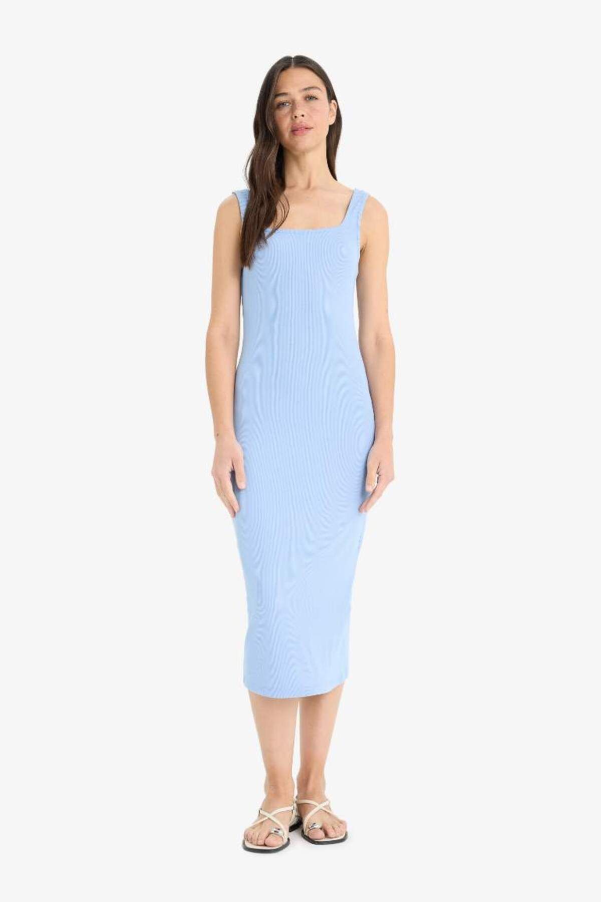 DeFacto Yeni Sezon Bodycon Vücudu Saran Kare Yaka Fitilli Kaşkorse Askılı Midi Elbise