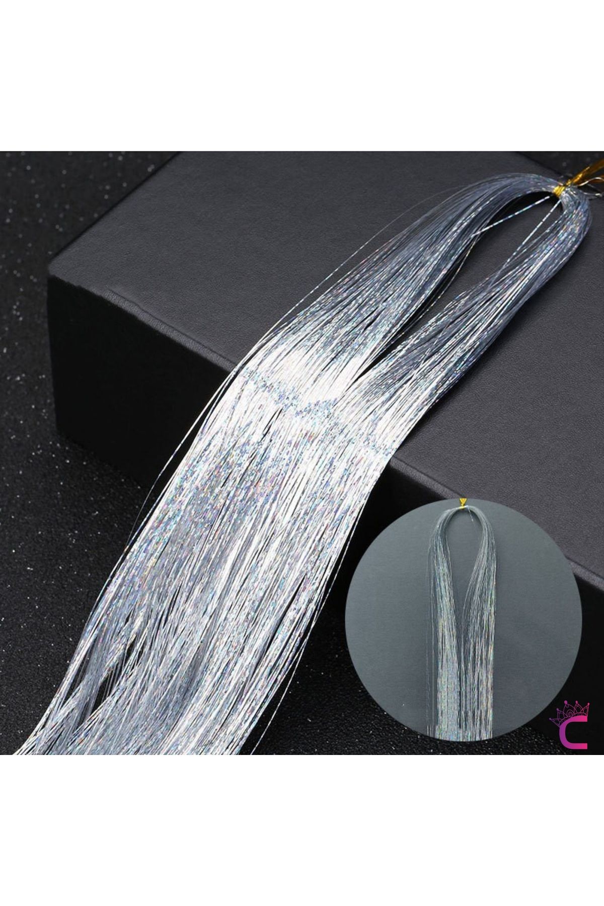 Cinderella Gümüş Renkli Hair Tinsel Saç Simi 120cm - Simli Saç Aksesuarı Örme Postiş Saça Bağlanan Model