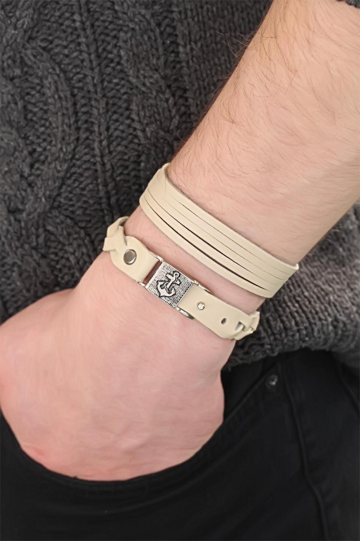 callerrons accessories Krem Renk Deri Erkek Bileklik Kombin - EBJ250530W34252