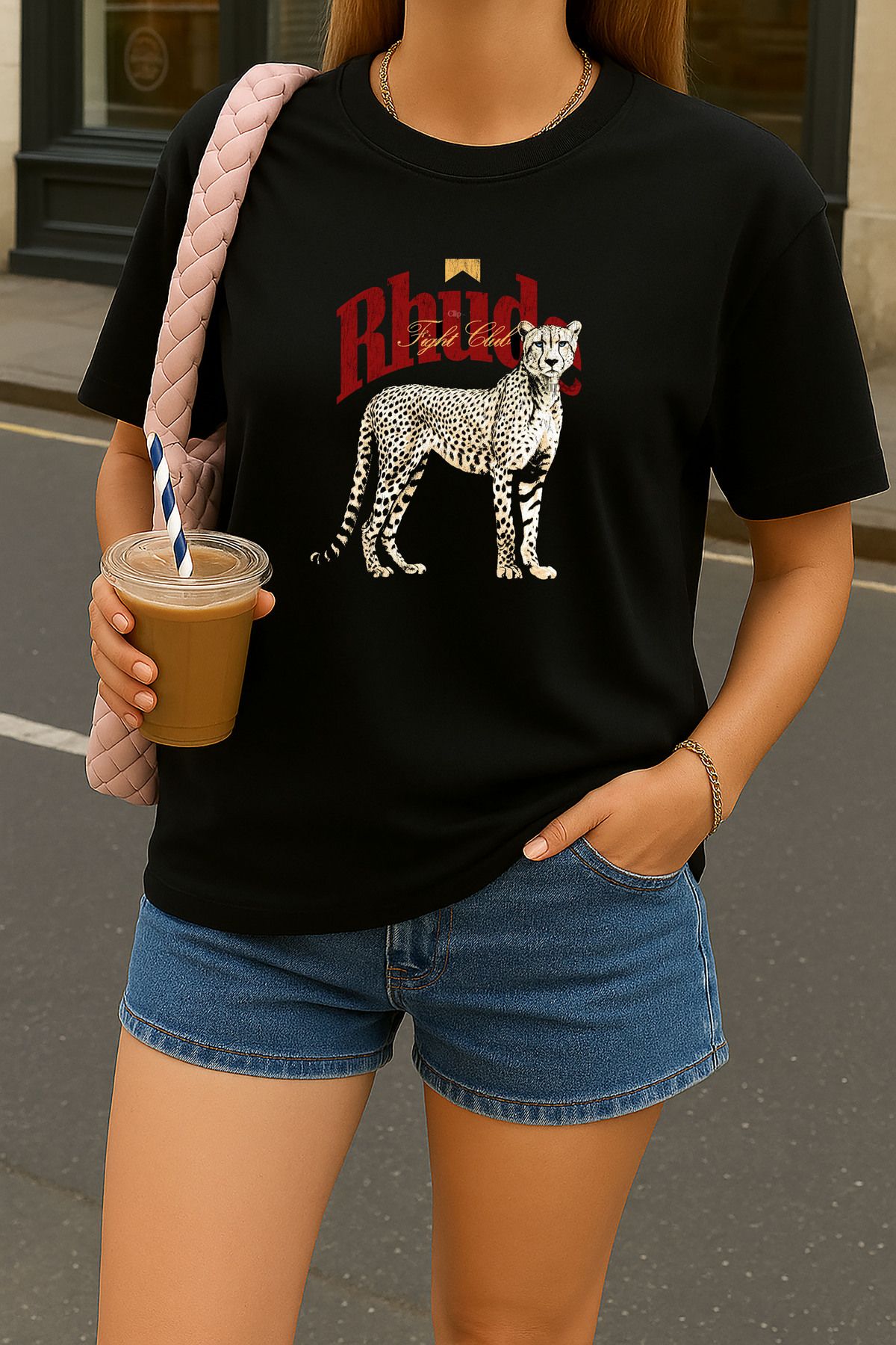 sielta Leopar Baskılı Oversize Kadın Pamuklu Siyah Tişört T-shirt