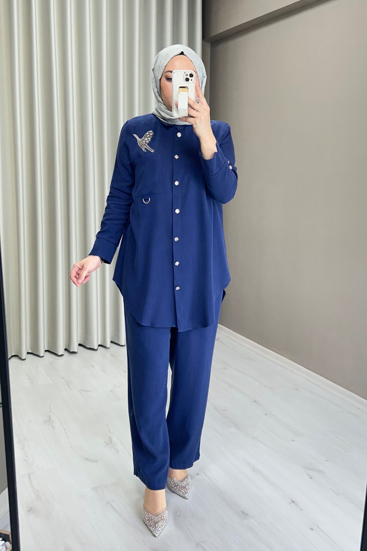 Camelya Fashion Anka Kuşu Taş İşlemeli Organik Kumaş Gömlek Pantolon Tesettür İkili Takım