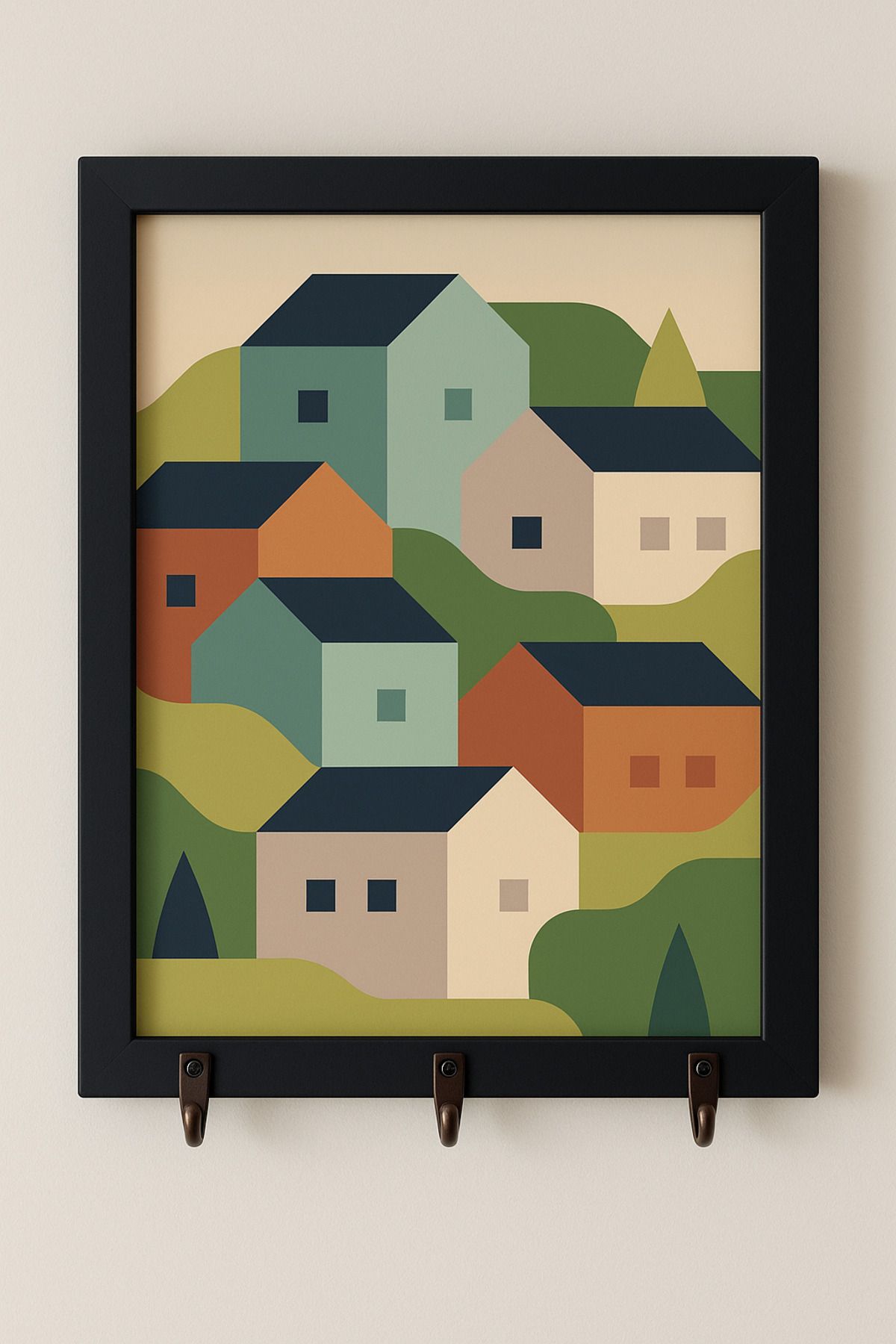 Efem Dekor Dekoratif Çerçeveli Anahtarlık Askılık – Renkli Evler Tasarımı (21x30 cm)