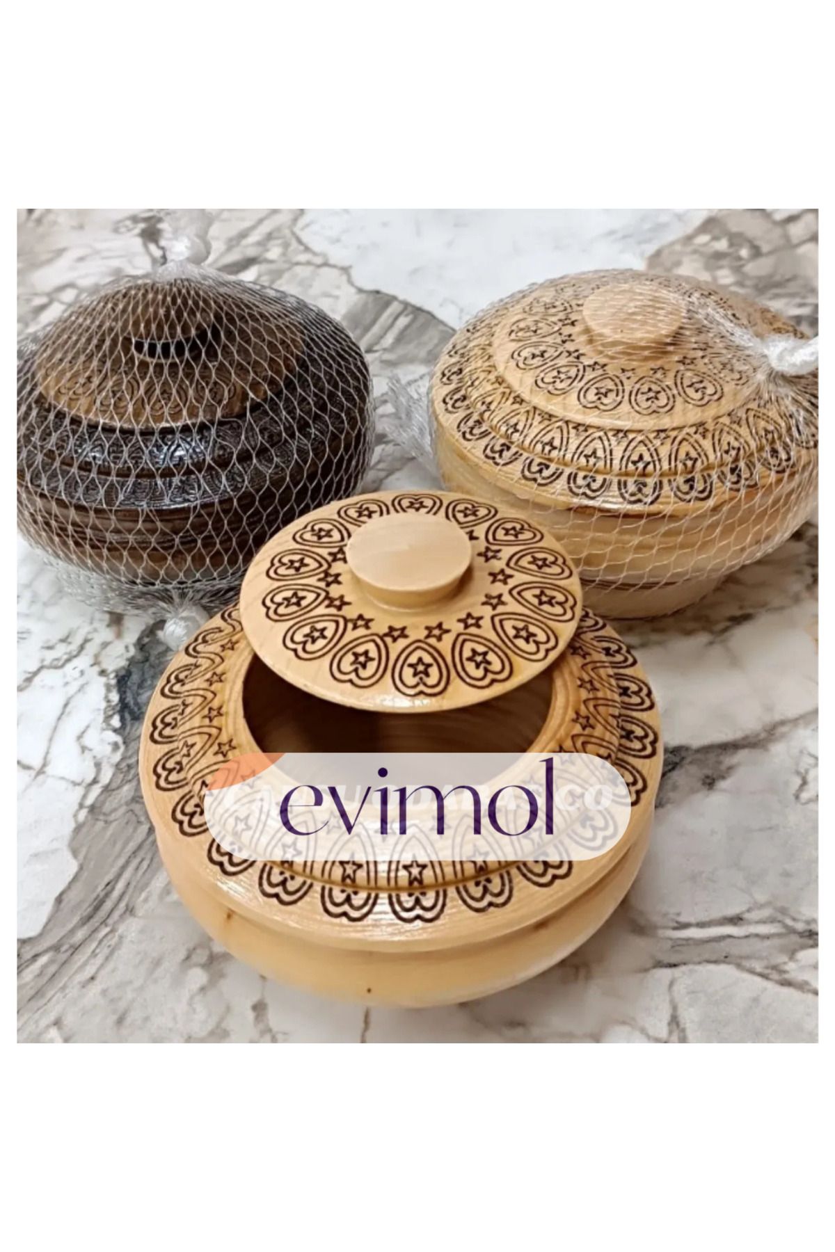 EVİMOL TARAKLI ( AYAKLI ) ( DESENLİ & CNC İŞLEMELİ ) AHŞAP ŞEKERLİK KAPAKLI ( FİLELİ AMBALAJ )