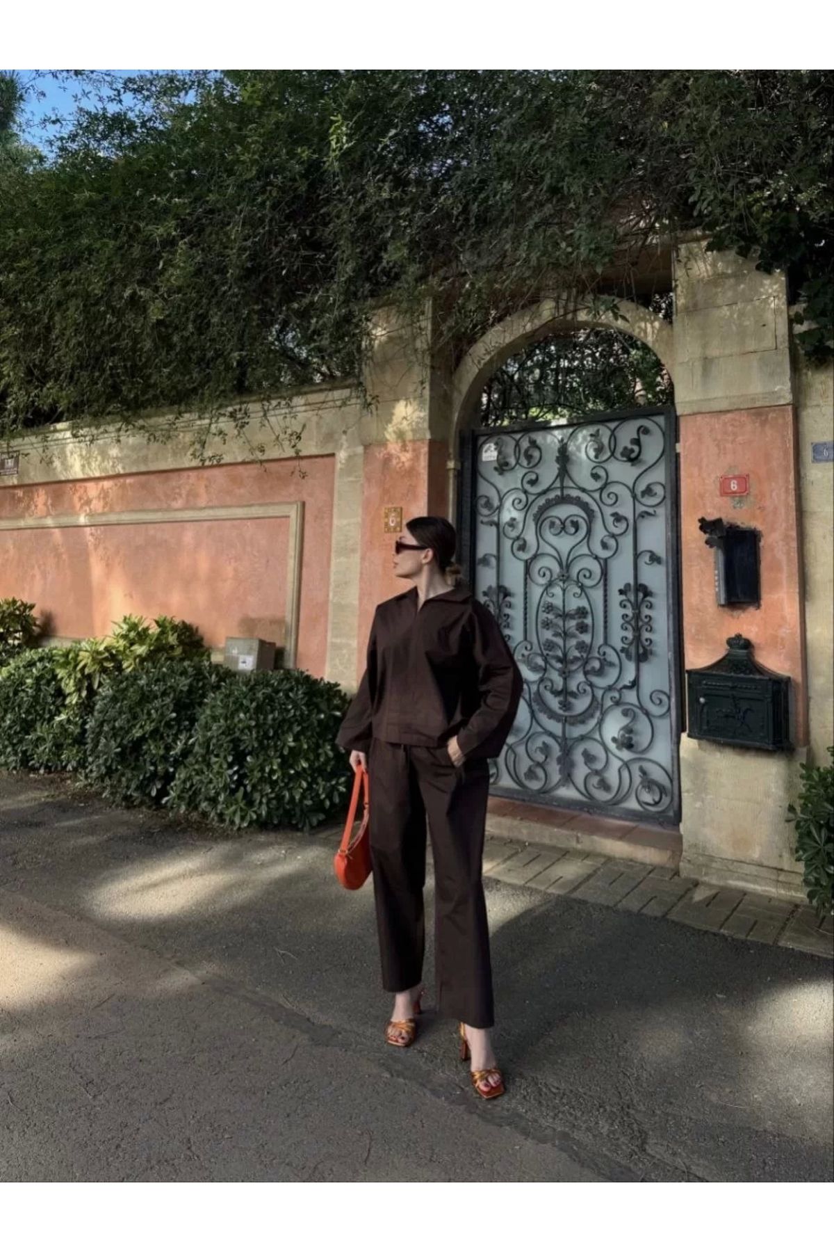 AE Stil Kadın Uzun Kollu Yakalı Gömlek Pantalon Takım- Kahverengi