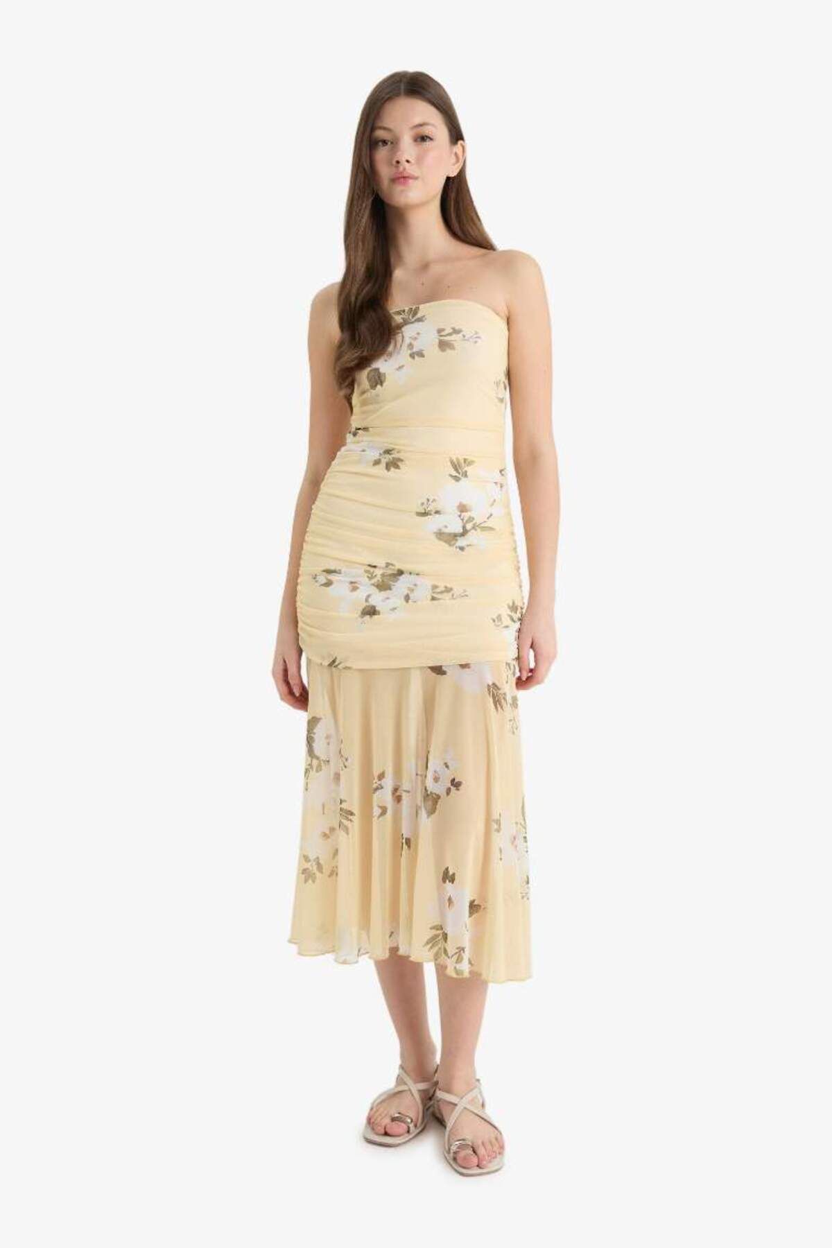 DeFacto Yeni Sezon Coool Bodycon Vücudu Saran Straplez Çiçek Desenli Tül Maxi Elbise