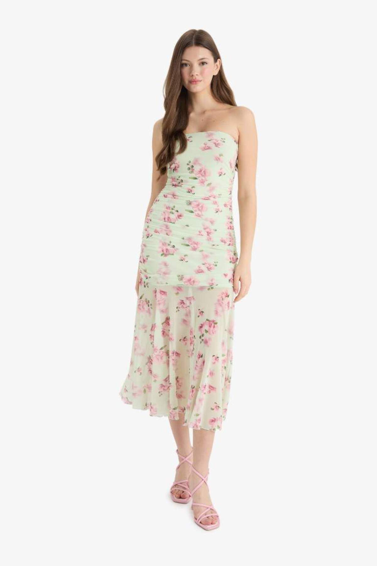DeFacto Yeni Sezon Coool Bodycon Vücudu Saran Straplez Çiçek Desenli Tül Maxi Elbise