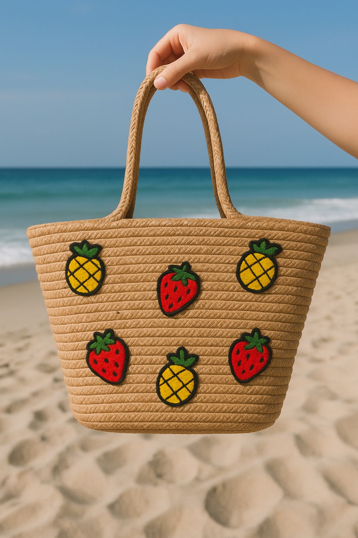 Rell Home Meyve Çilek Ananas Desenli Punch Detaylı Yazlık Jüt Plaj Çantası 45 x 32 cm