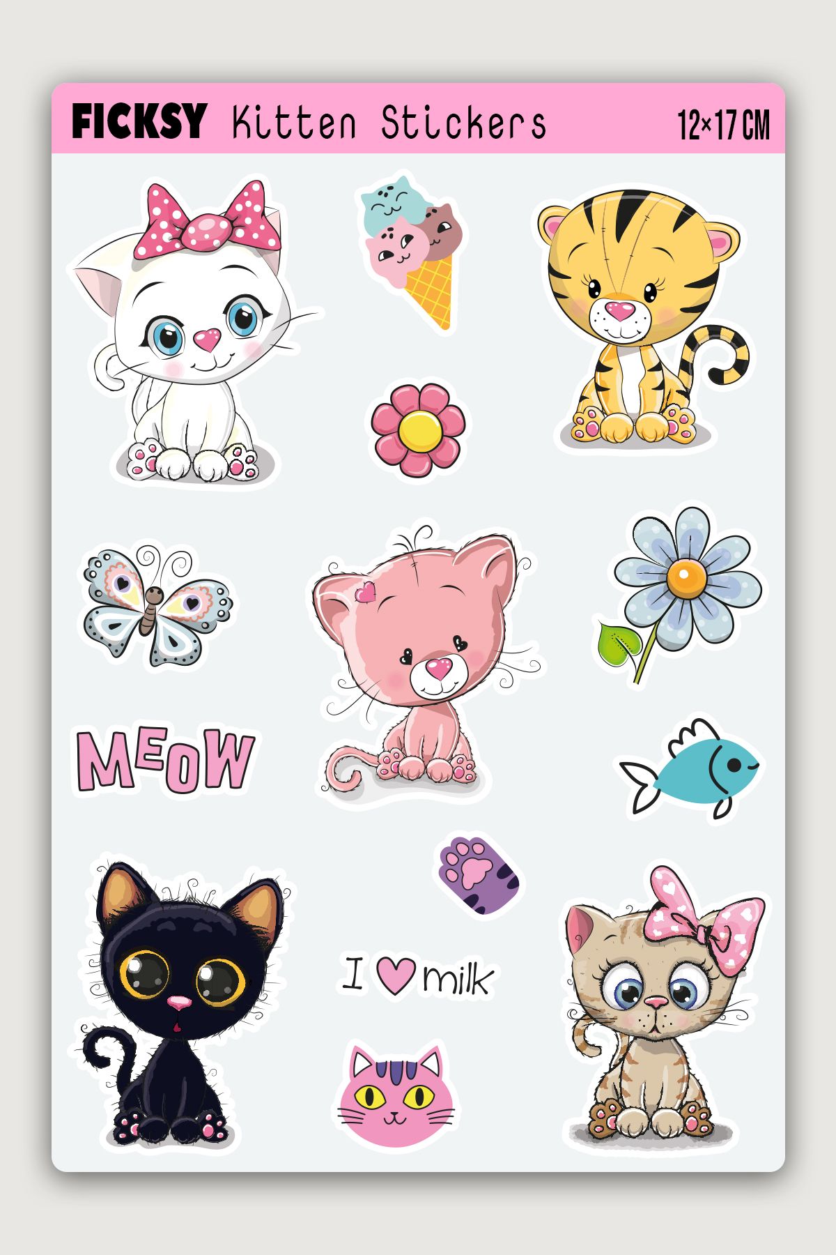 Ficksy Sevimli Yavru Kedi Sticker Seti - 14 Adet Etiket Çıkartma