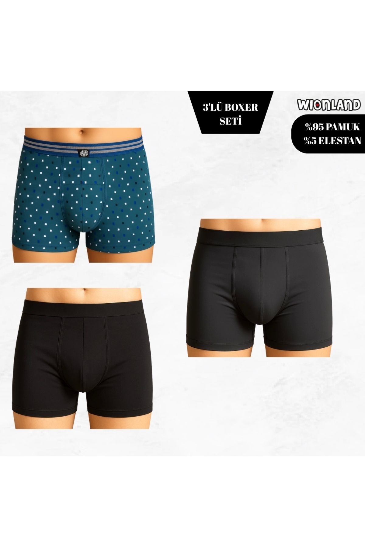 Wionland Erkek 3'lü Boxer Seti – S Beden (Benekli Desenli / Siyah / Açık Siyah)