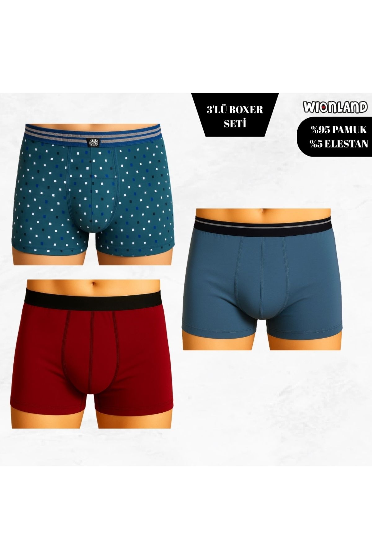 Wionland Erkek 3'lü Boxer Seti – L Beden (Benekli Desenli / Bordo / Açık Mavi)