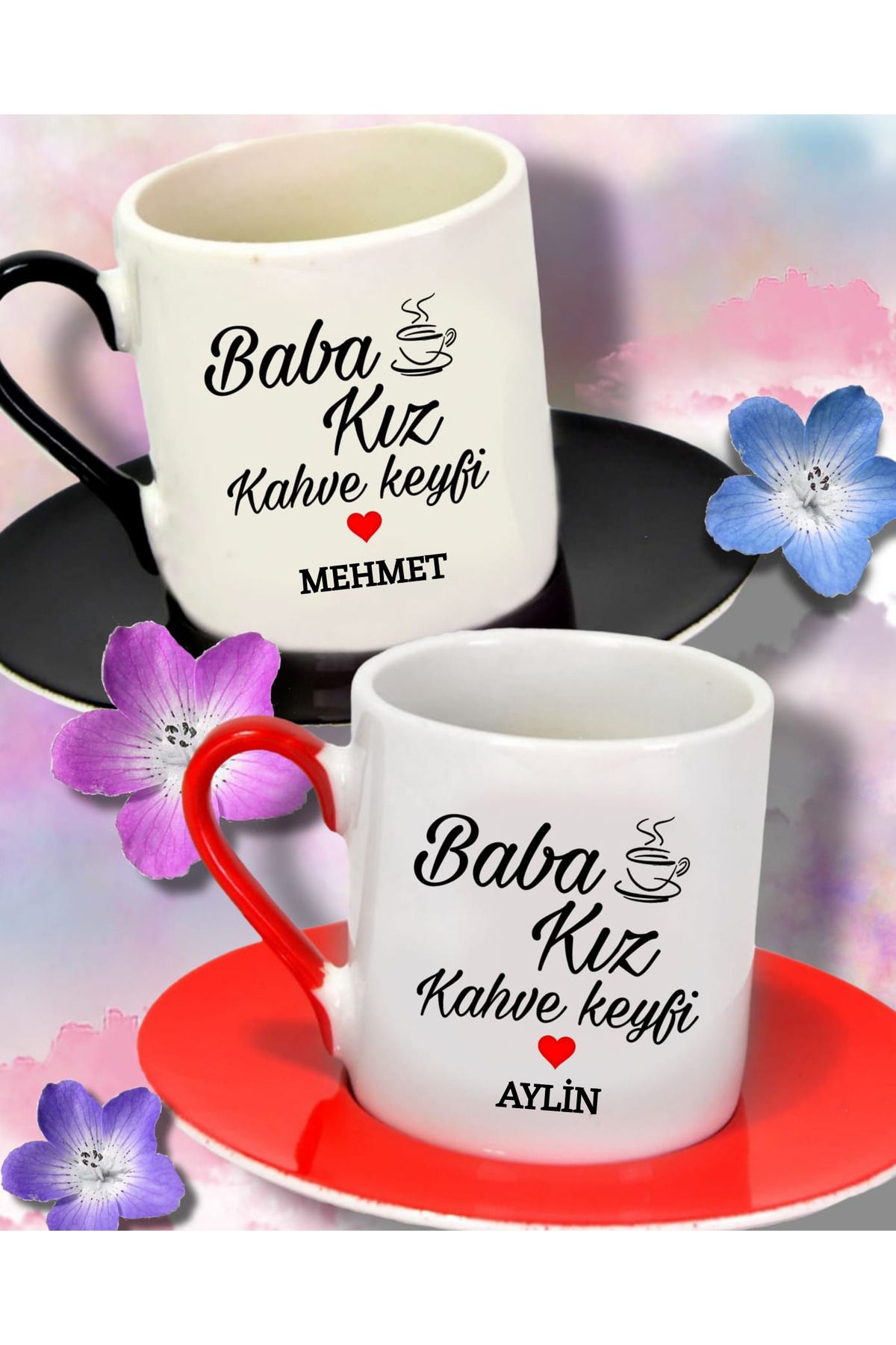 Tasarım İsme Özel "Baba Kız Kahve Keyfi" Baskılı Kırmızı ve Siyah Kulplu Çift Türk Kahvesi Fincanı