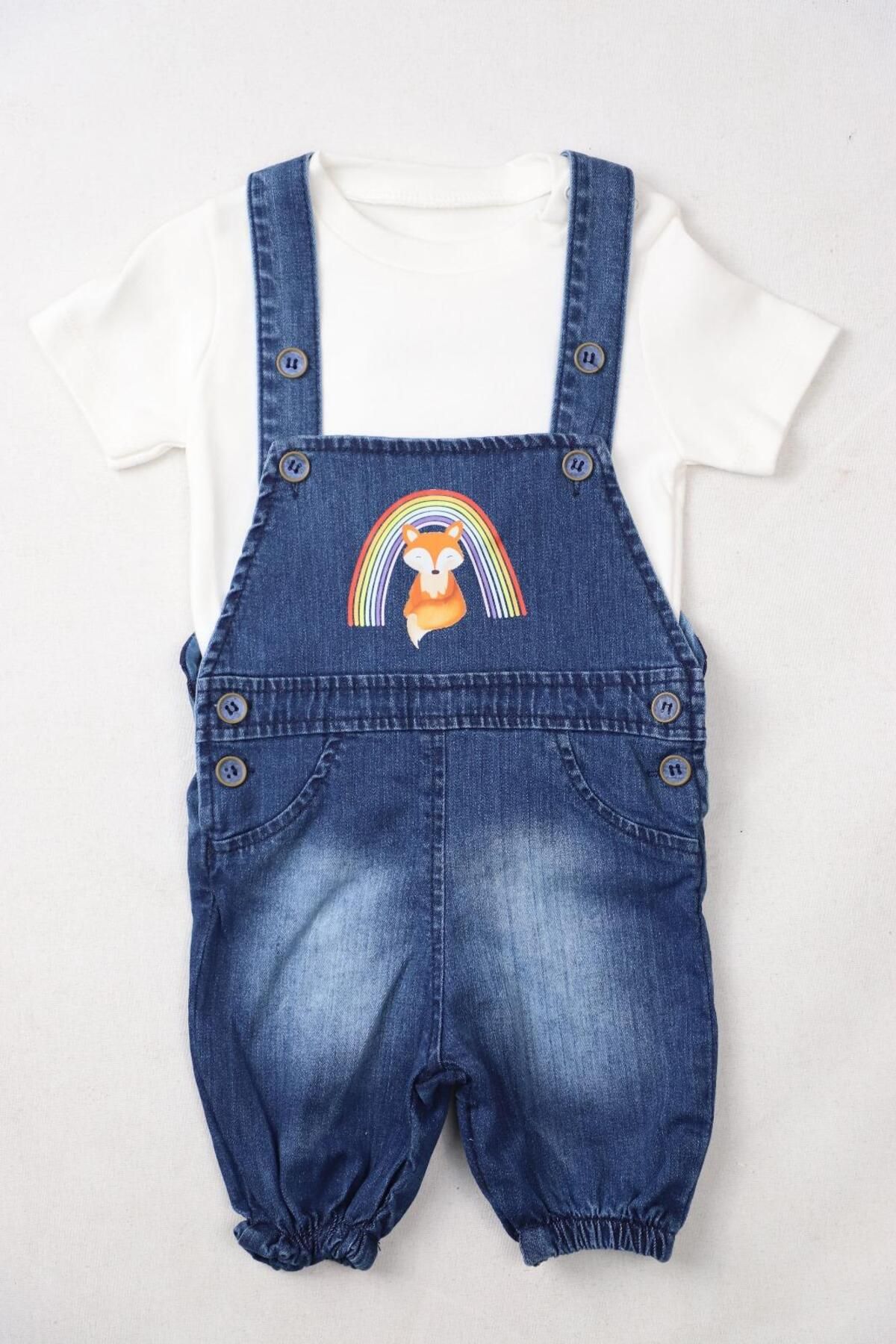 Bulut Baby nakışli Kız Bebek 2li Kot Salopet