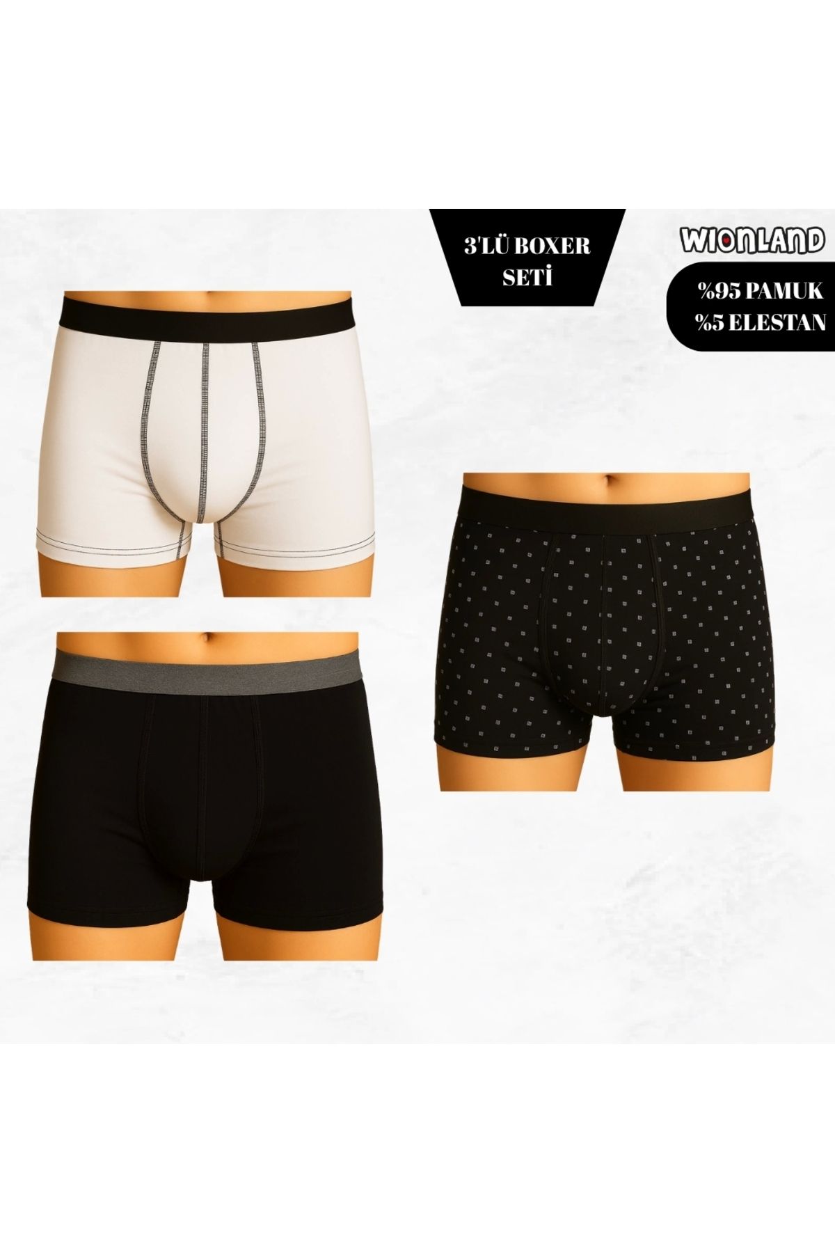 Wionland Erkek 3'lü Boxer Seti – M Beden (Beyaz / Siyah / Siyah Benekli)