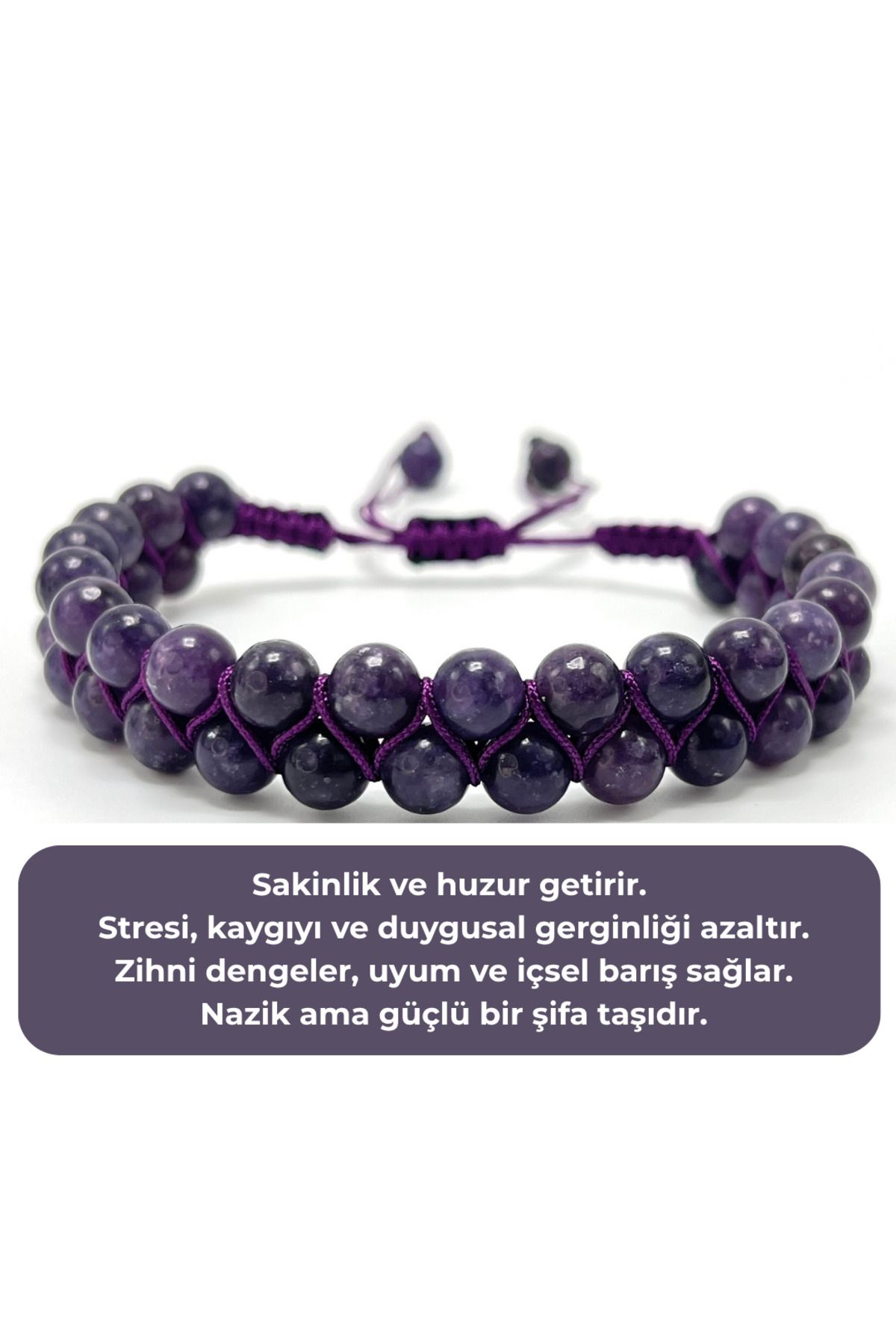 YILDIZ DOĞAL TAŞ SERTİFİKALI Lepidolit Çift Sıra Doğal Taş Makrome Bileklik Ayarlanabilir Ölçü