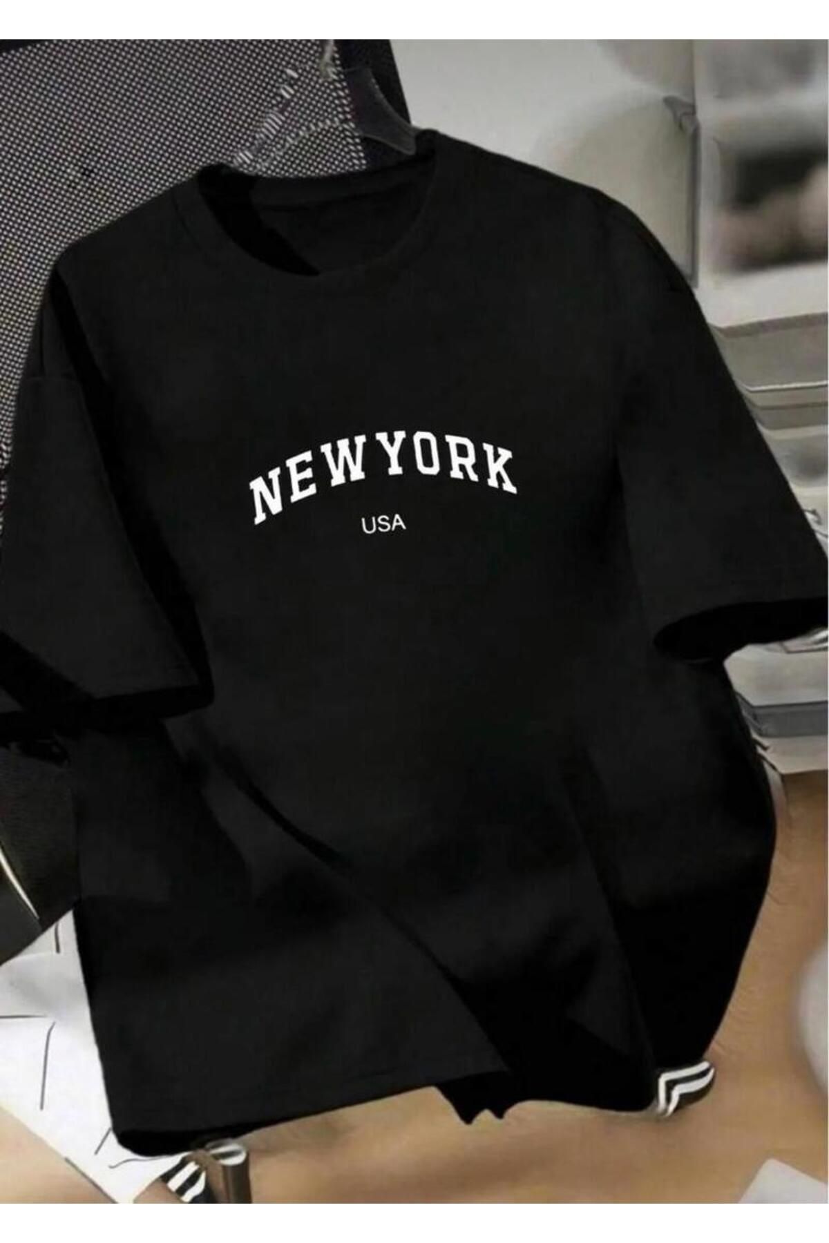 khufu Oversize Kalıp Siyah Renkli NEW YORK u.S.a Baskılı Rahat Kesim T-shirt Ünisex