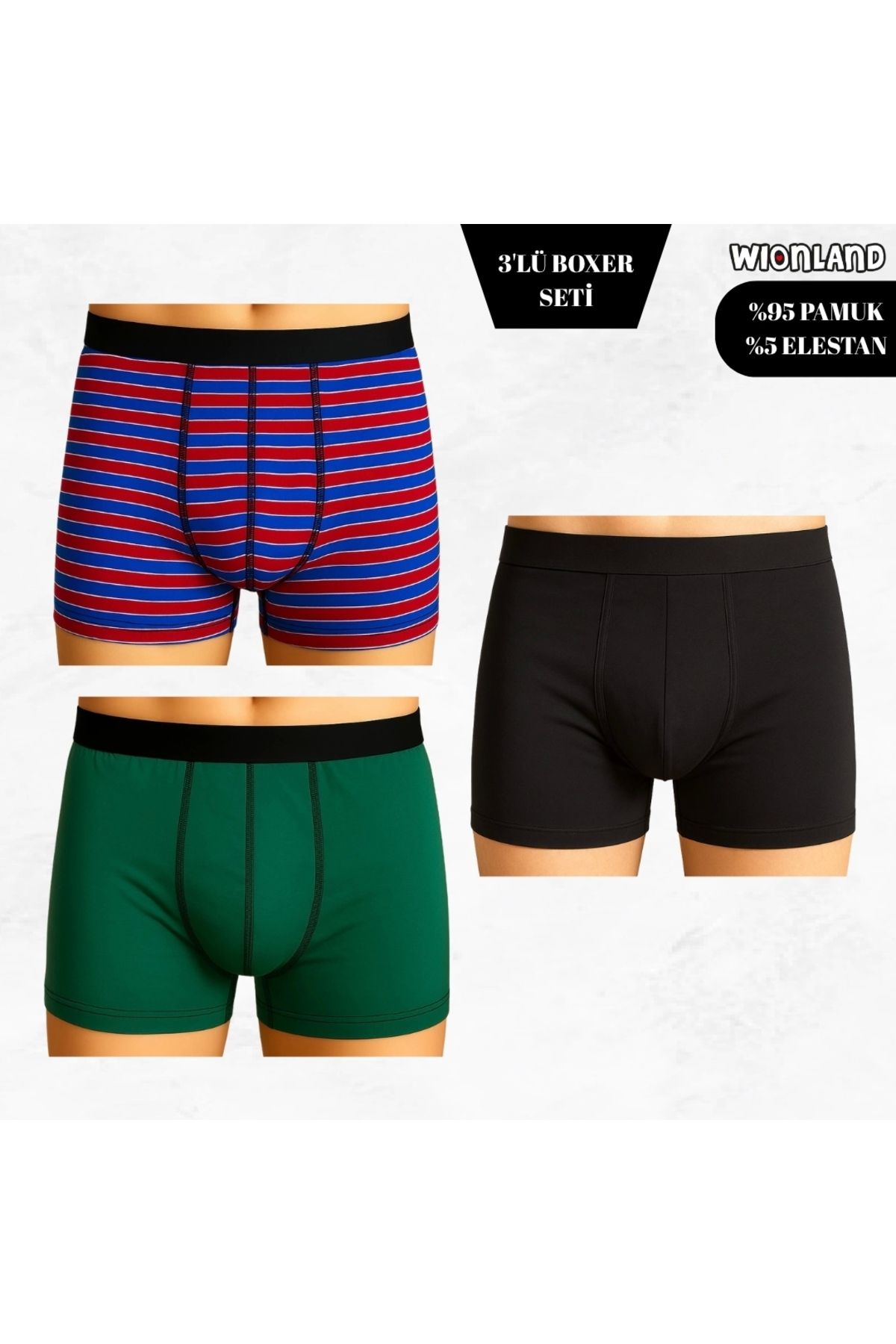 Wionland Erkek 3'lü Boxer Seti – XL Beden (Renkli Çizgili / Yeşil / Siyah)