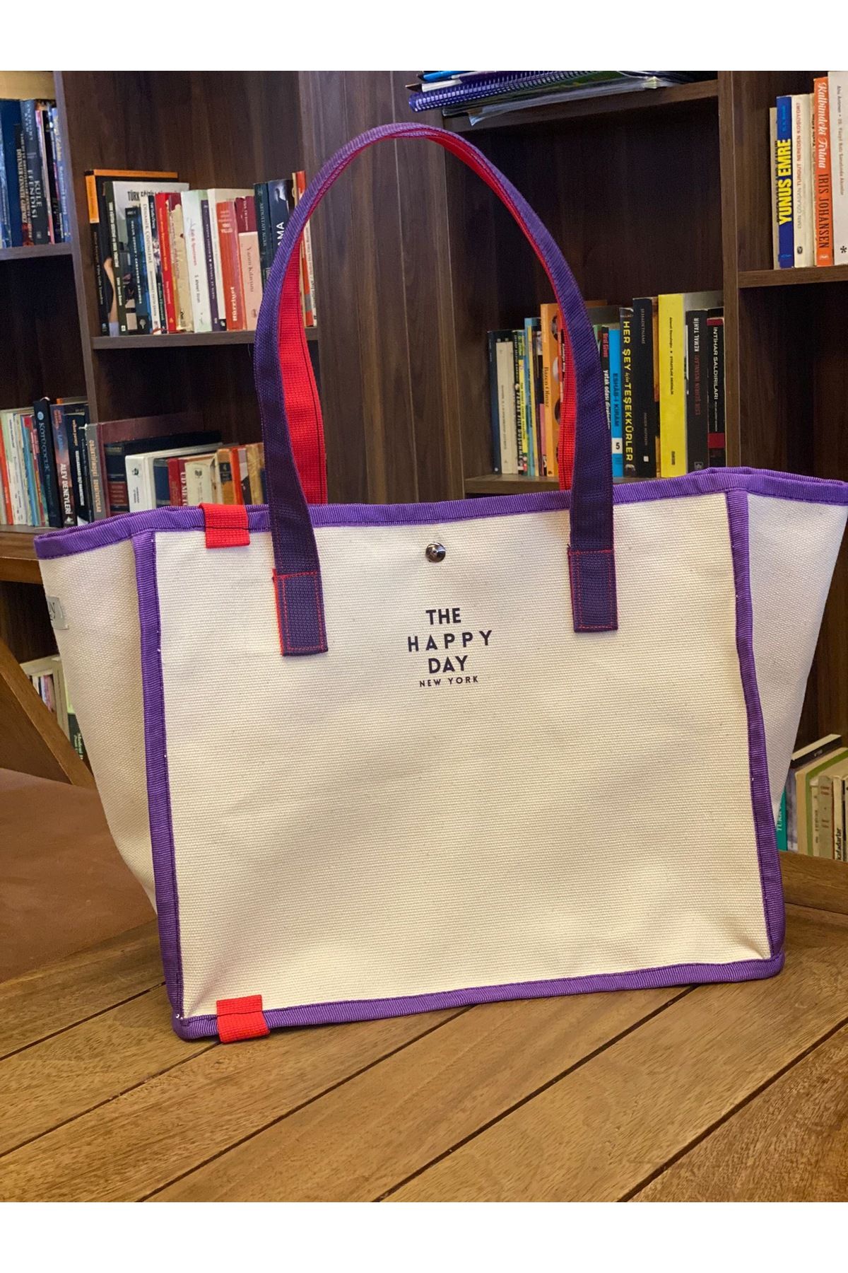 NAVOY Mor Detaylı Kanvas Omuz Çantası-Tote Bag