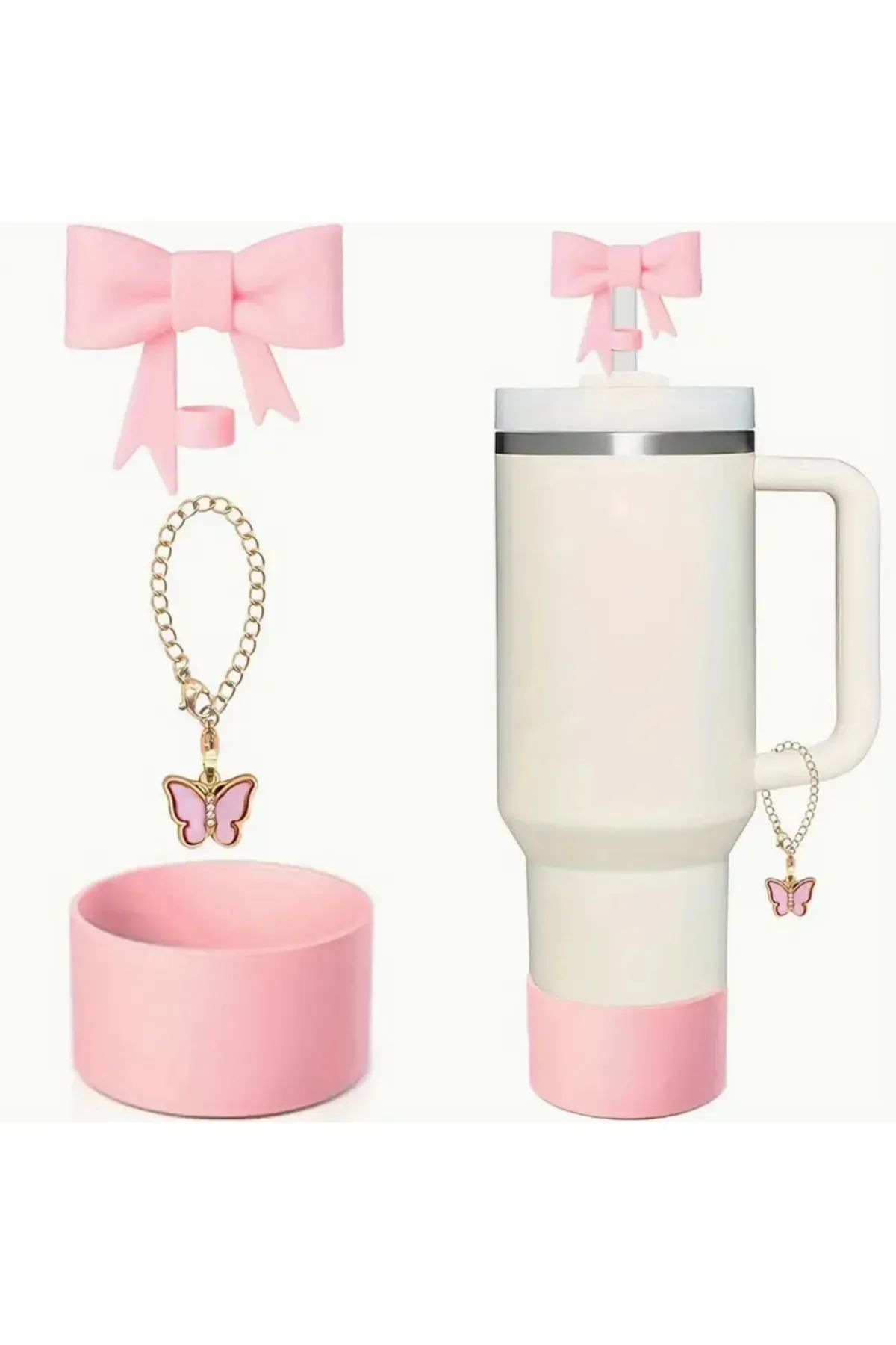 Besify Stanley Quencher Uyumlu 30 - 40 Oz 3'lü Aksesuar Tıpa Charm Taban Koruyucu Silikon Pembe Set