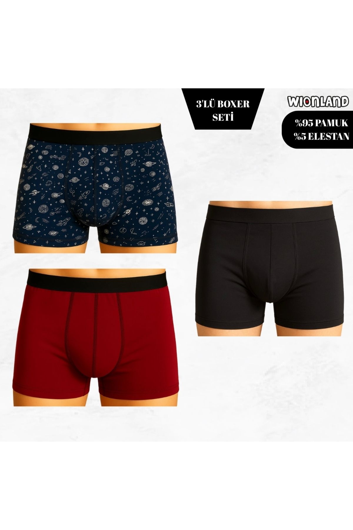 Wionland Erkek 3'lü Boxer Seti – XXL Beden (Uzay Temalı / Bordo / Siyah)