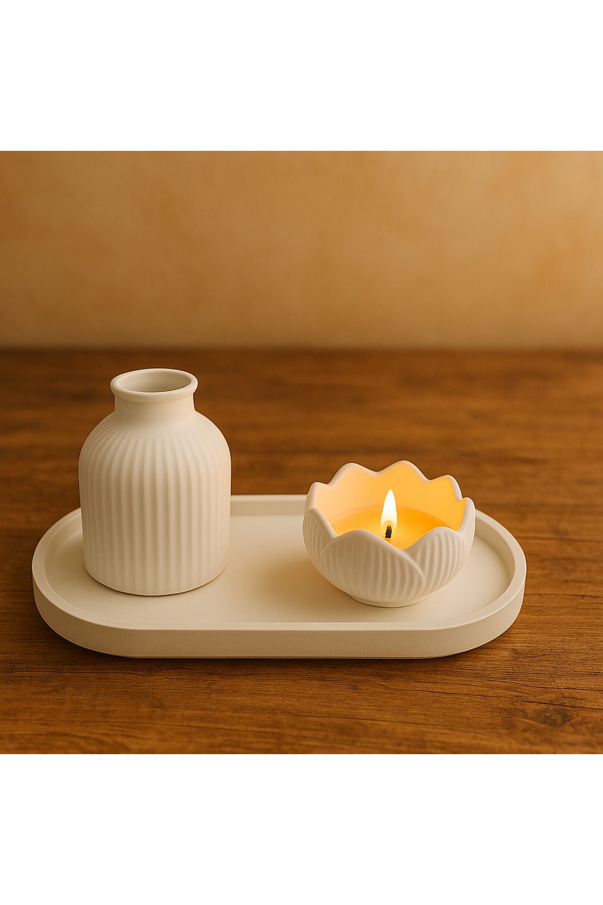 ERSE HOME 3lü Beyaz Renk Beton Vazo ve Lotus Tealight Mumluk Seti – Dekoratif Ev Aksesuarı