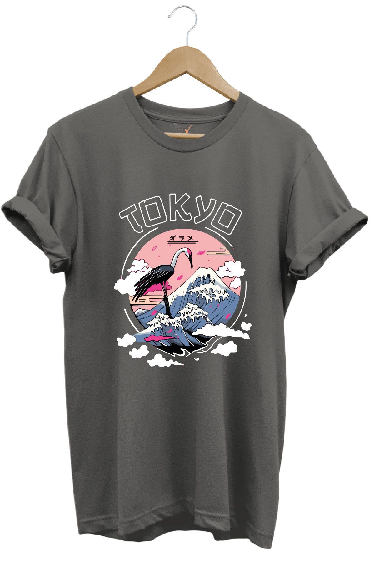 onsrawear Tokyo Baskılı Unisex Tişört - Dağ ve Flamingo Desenli %100 Pamuk Basic T-shirt