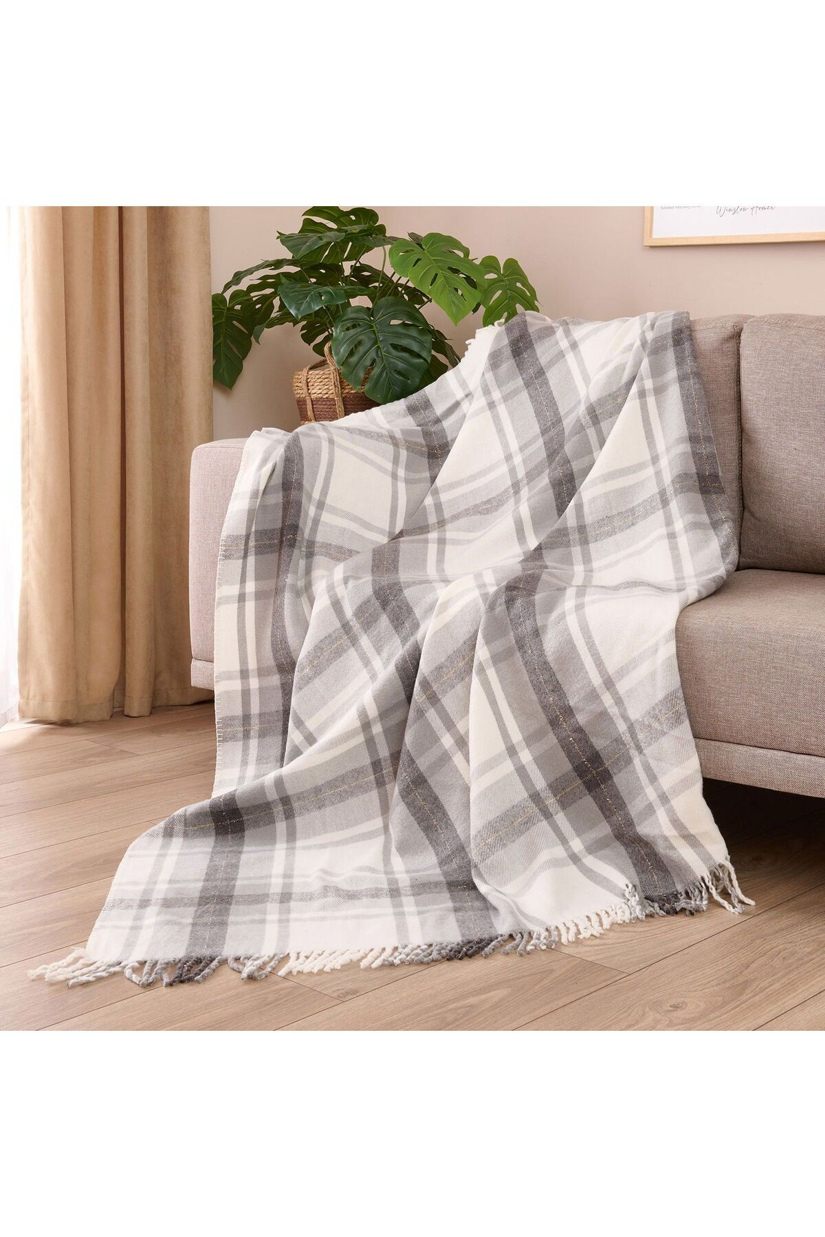 ASPARTAM Sim İp Detaylı Skoç Koltuk Şalı - Gri - 130x170 cm