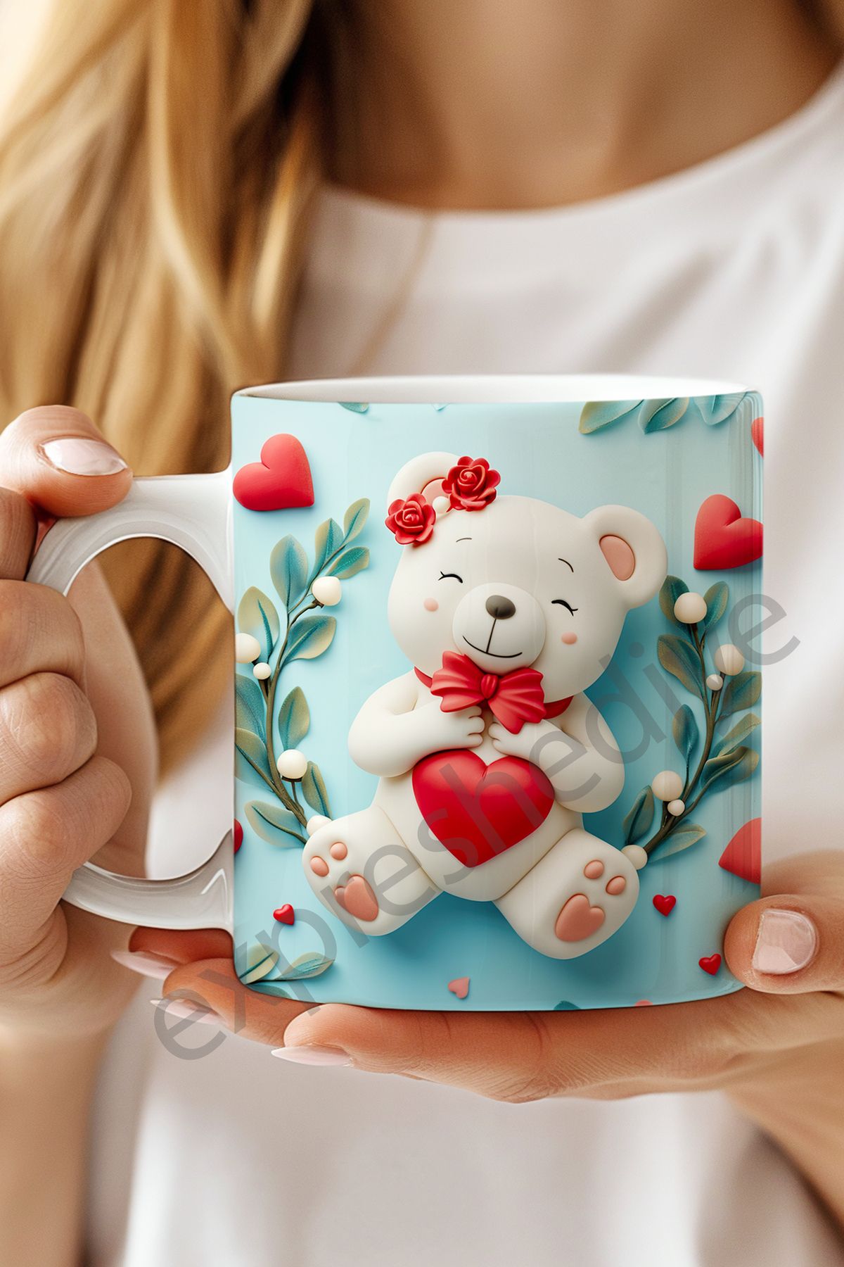 expreshediye Sevgiliye Hediye Kalpli 3D Ayı Bardak, 3D Ayı Kupa Bardak