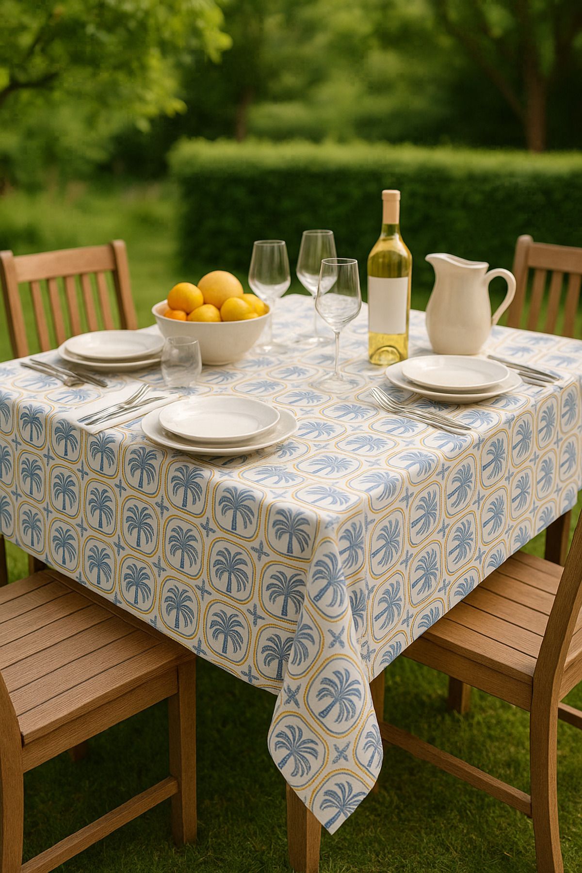 POMELO HOME Palmiye Desenli Masa Örtüsü 150x220 cm – Modern Yazlık Tasarım, Mavi Beyaz Renk