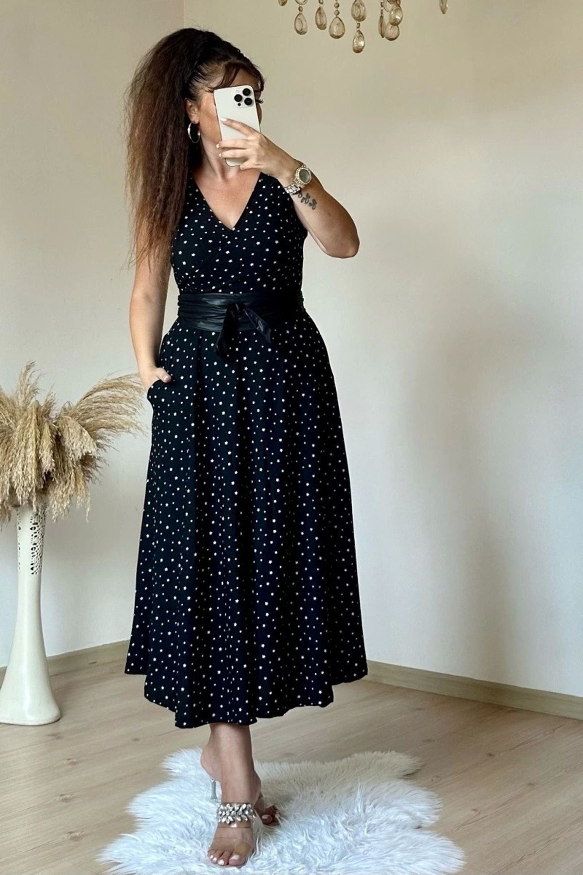 azra moda Sıfır Kol Yıldızlı Krep Elbise