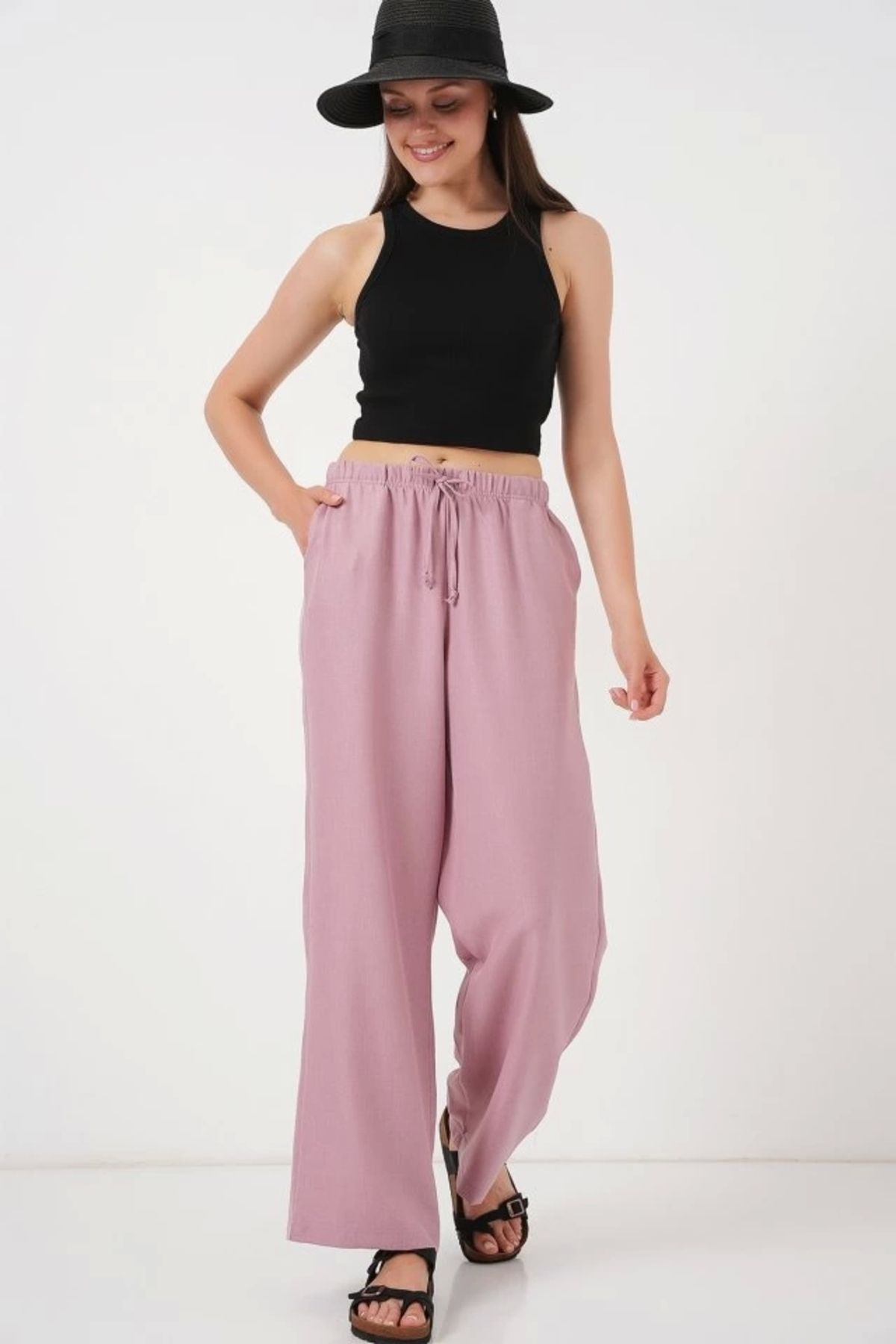 Butik Geniş Paça Keten Pantolon - Gül Kurusu