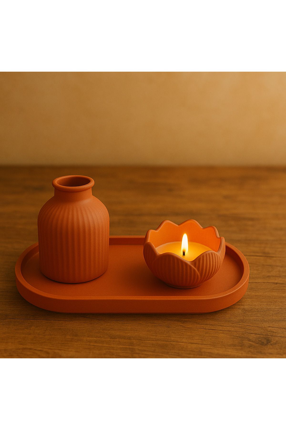 ERSE HOME 3lü Kiremit Rengi Beton Vazo ve Lotus Tealight Mumluk Seti – Dekoratif Ev Aksesuarı