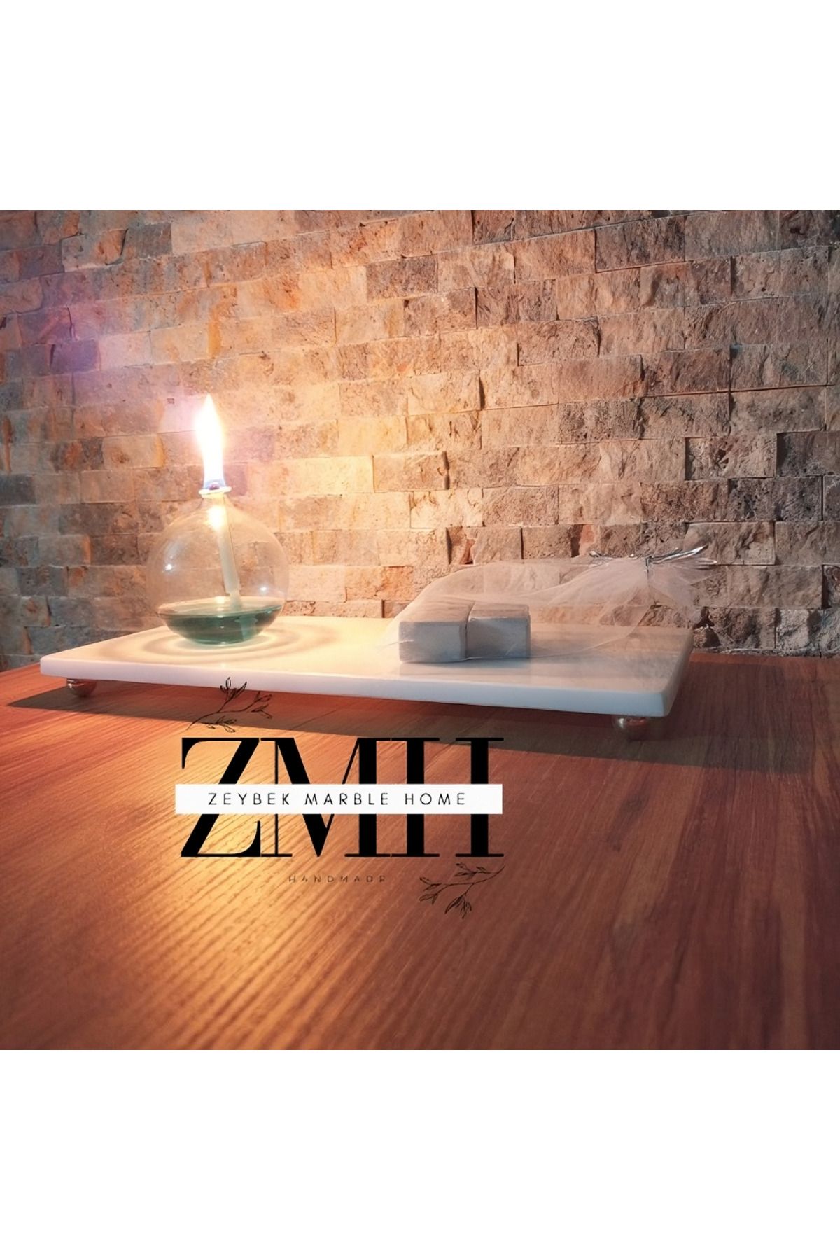 Zeybek Marble Gerçek İnce Mermer Top Ayaklı Sunum Tabağı