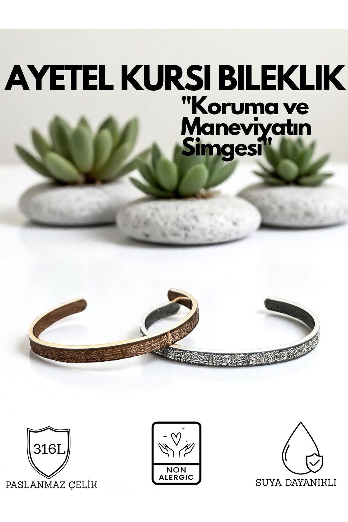 KT AKSESUAR Ayetel Kürsi Yazılı Bileklik Paslanmaz Çelik Ayarlanabilir Erkek/Kadın Bileklik