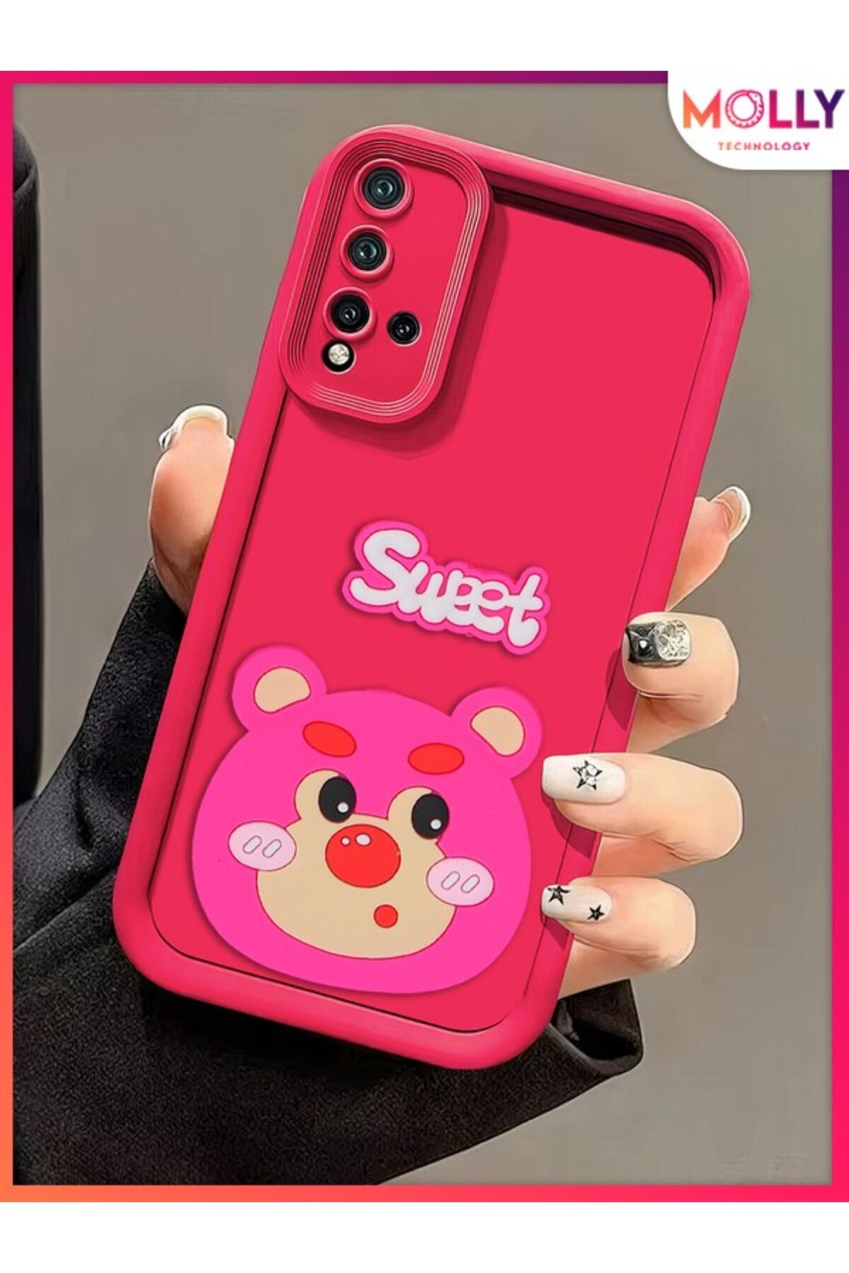Molly Xiaomi Redmi 9T İçin Magenta Kenarları Kalın 3d Kabartmalı Çilek Ayı Silikon Kılıf