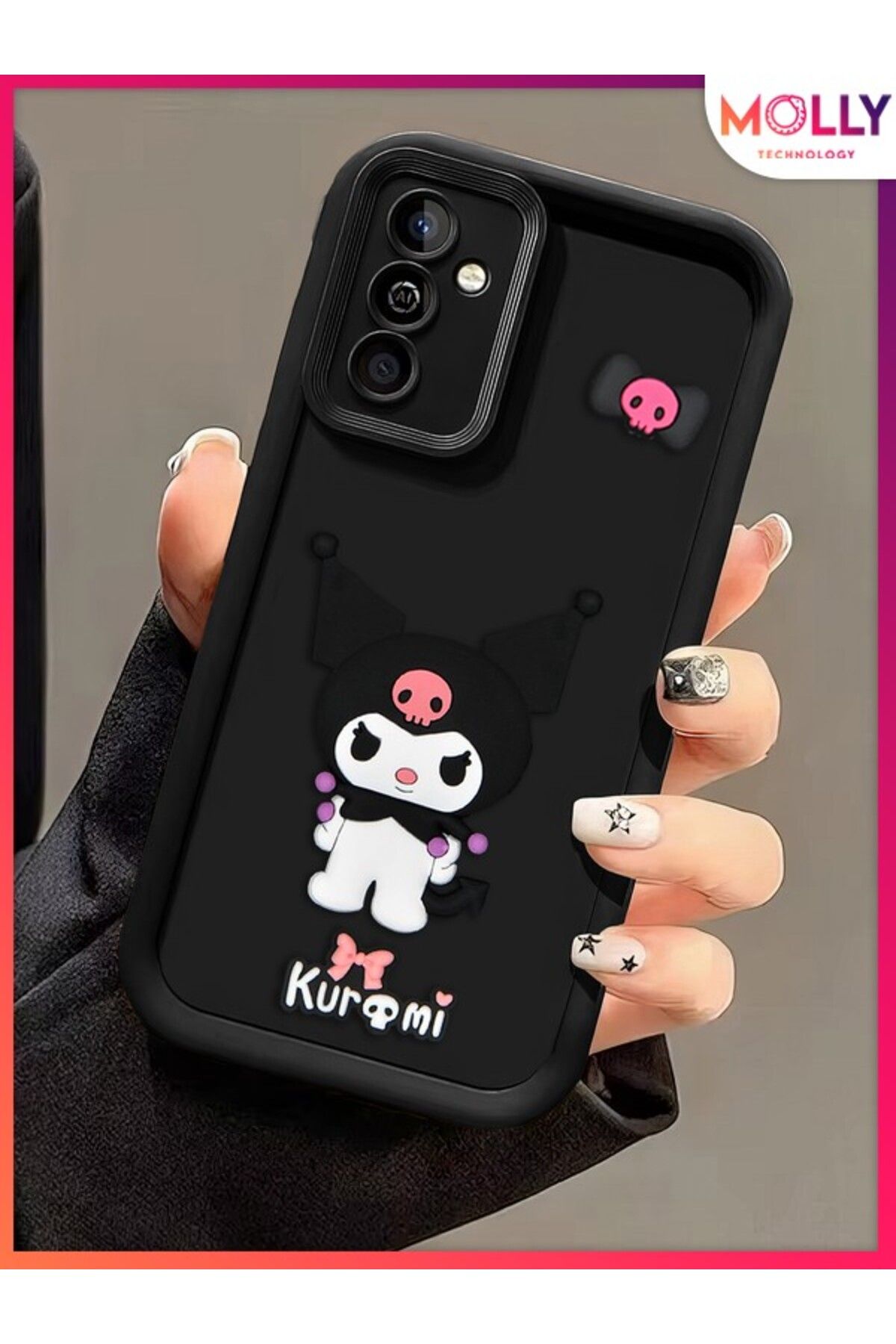 Molly Samsung Galaxy M13 İçin Siyah Kenarları Kalın 3d Kabartmalı Kawaii Kuromi Silikon Kılıf