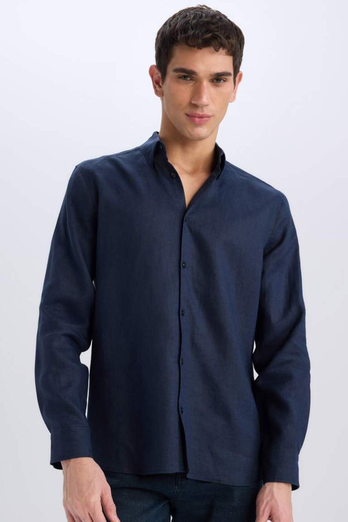 DeFacto Yeni Sezon %100 Keten Regular Fit Polo Yaka Yazlık Basic Düz Uzun Kollu Gömlek