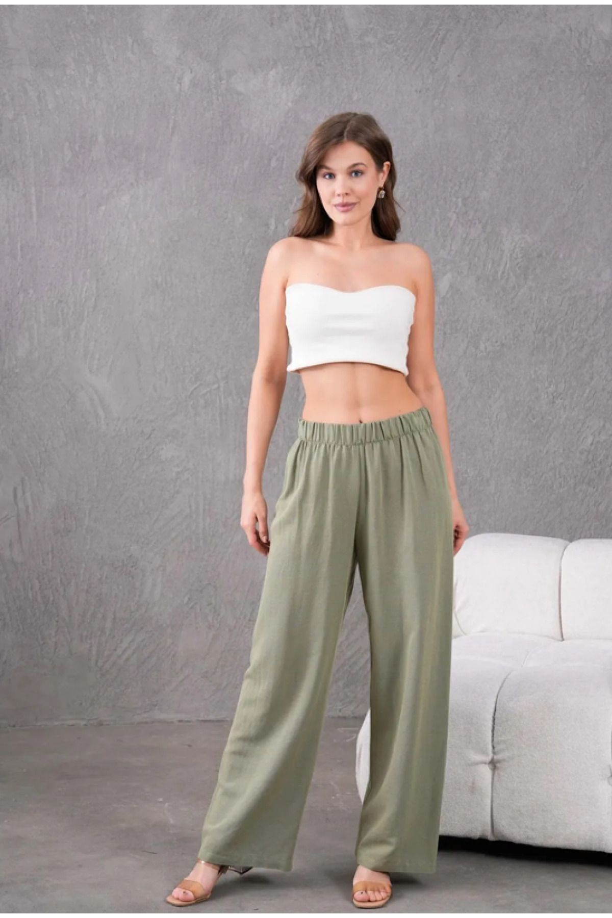Elçelya Moda Kadın Haki Keten Beli Lastikli Rahat Bol Paça Pantalon