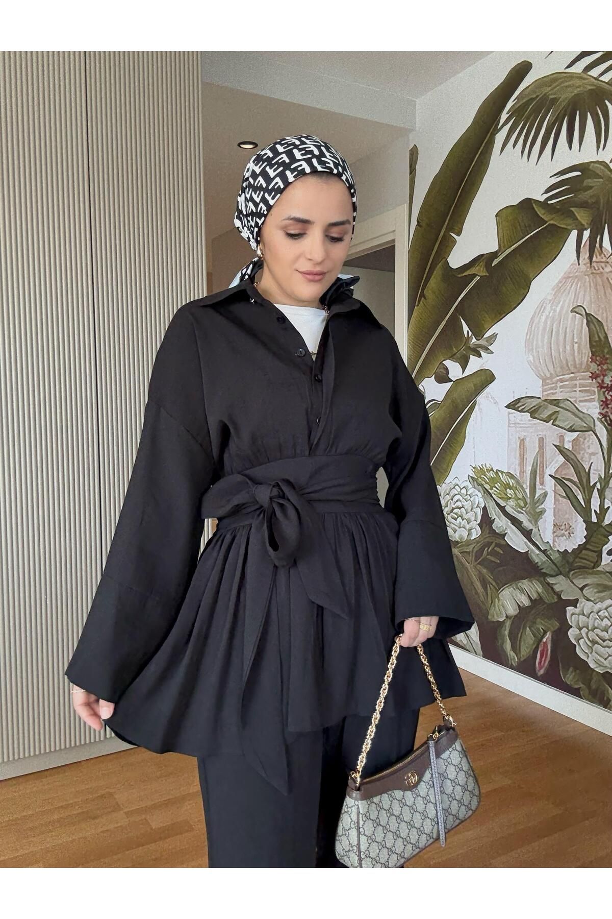 Aselim Hijap Moda Kurdele Kuşaklı Pamuklu Yazlık İkili Takım – Geniş Kollu Takım (36–42 Beden) Siyah