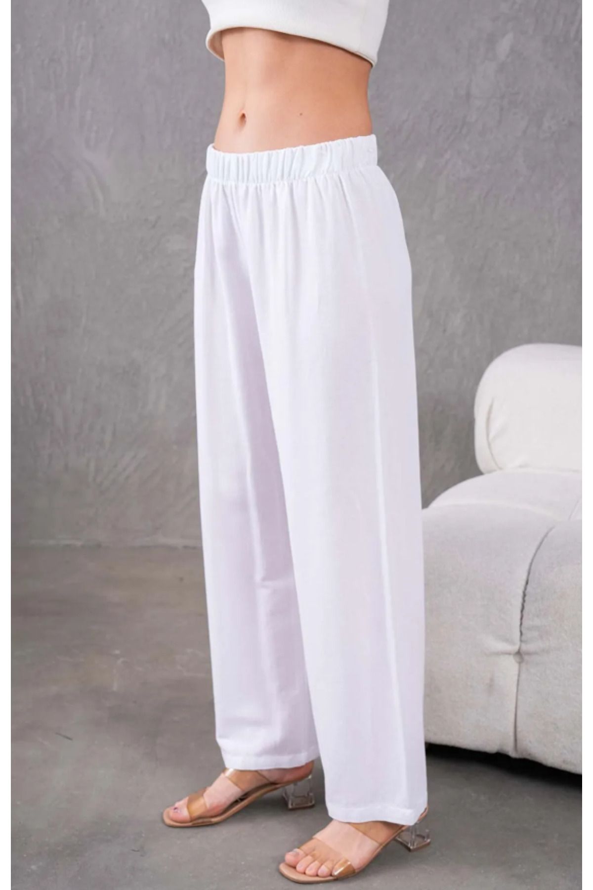 Elçelya Moda Kadın Beyaz Keten Beli Lastikli Rahat Bol Paça Pantalon