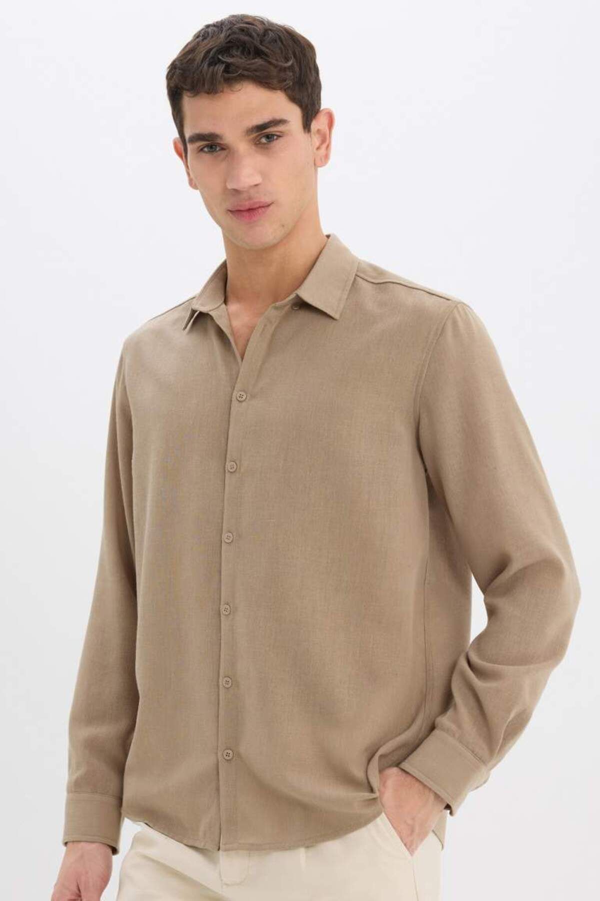 DeFacto Yeni Sezon Regular Fit Polo Yaka Keten Görünümlü Uzun Kollu Gömlek