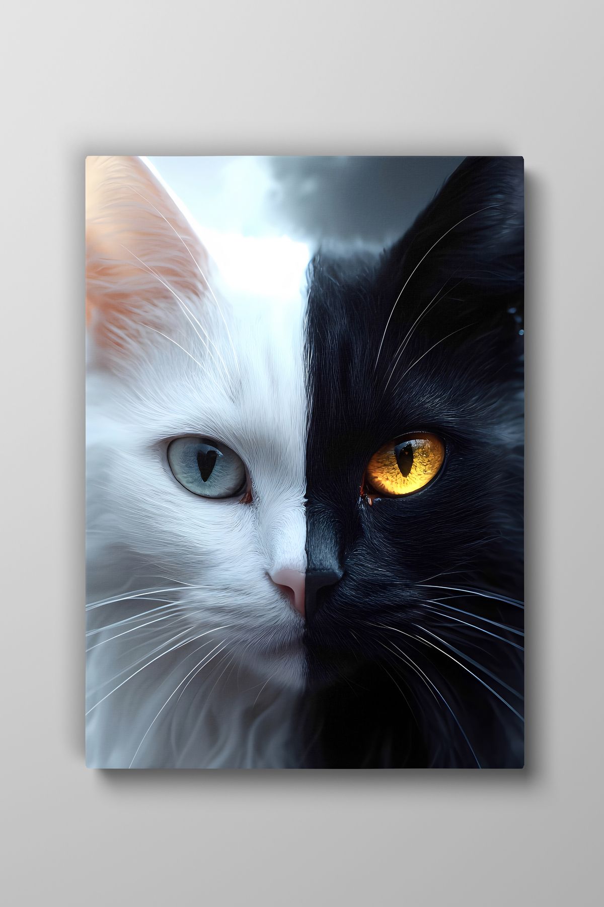 Evlika Kedi Siyah-Beyaz Hayvan Temalı Dekoratif Kanvas Tablo, Duvar Dekoru H0022