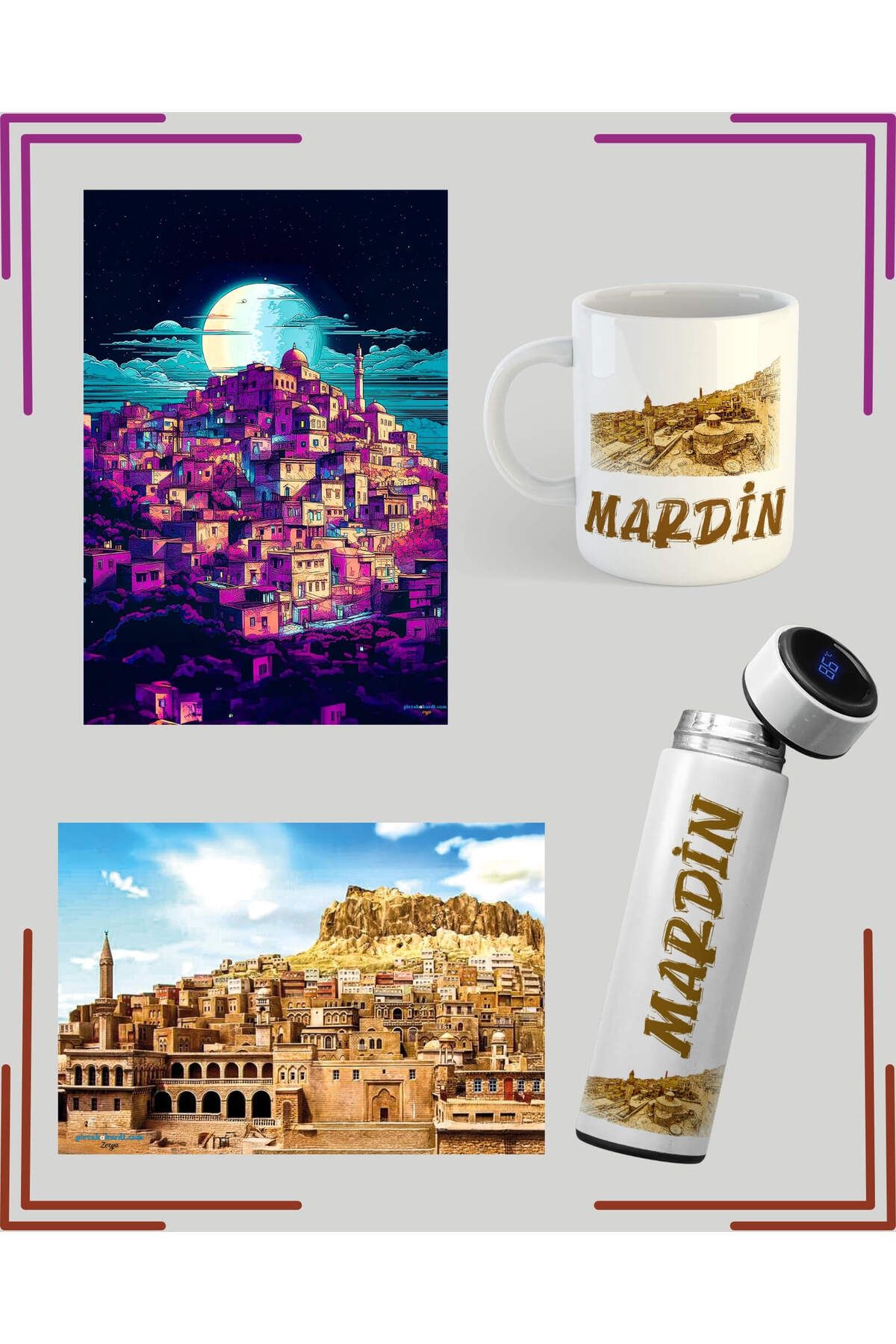 ZERYA Mardin Temalı Kupa Termos ve Poster Seti - Mardin Resimli Kupa Bardak (1 KUPA 2 POSTER 1 TERMOS)