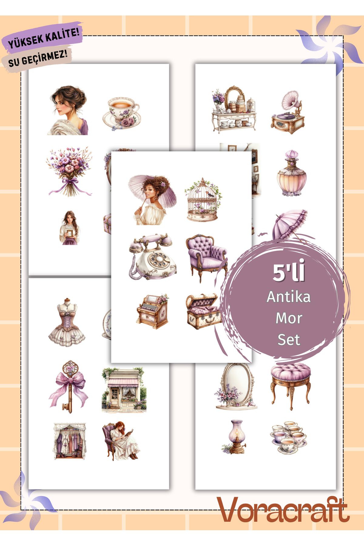 VORACRAFT 5'li Antika Mor Sticker Set Ajanda Bullet Journal Set A036