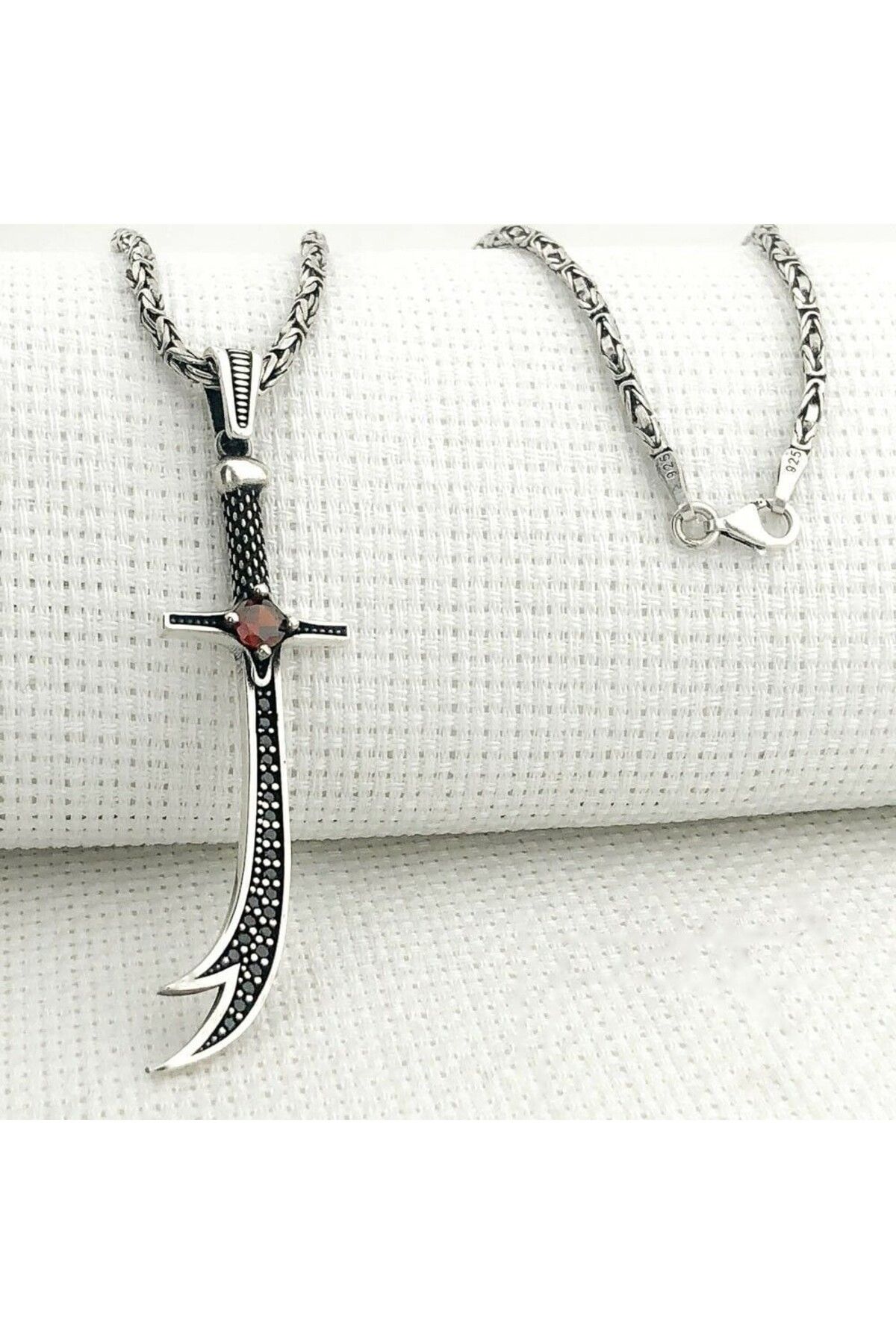 shop Kırmızı Taşlı Zulfikar 925 Ayar Gümüş Erkek Kolye