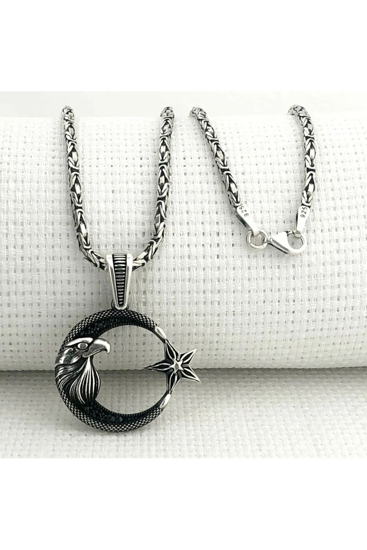 shop Kartal Başlı Ay Yıldız 925 Ayar Gümüş Erkek Kolye