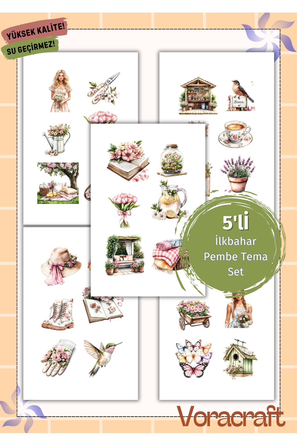 VORACRAFT 5'li Pembe İlkbahar Tema Sticker Set Ajanda Bullet Journal Set A026